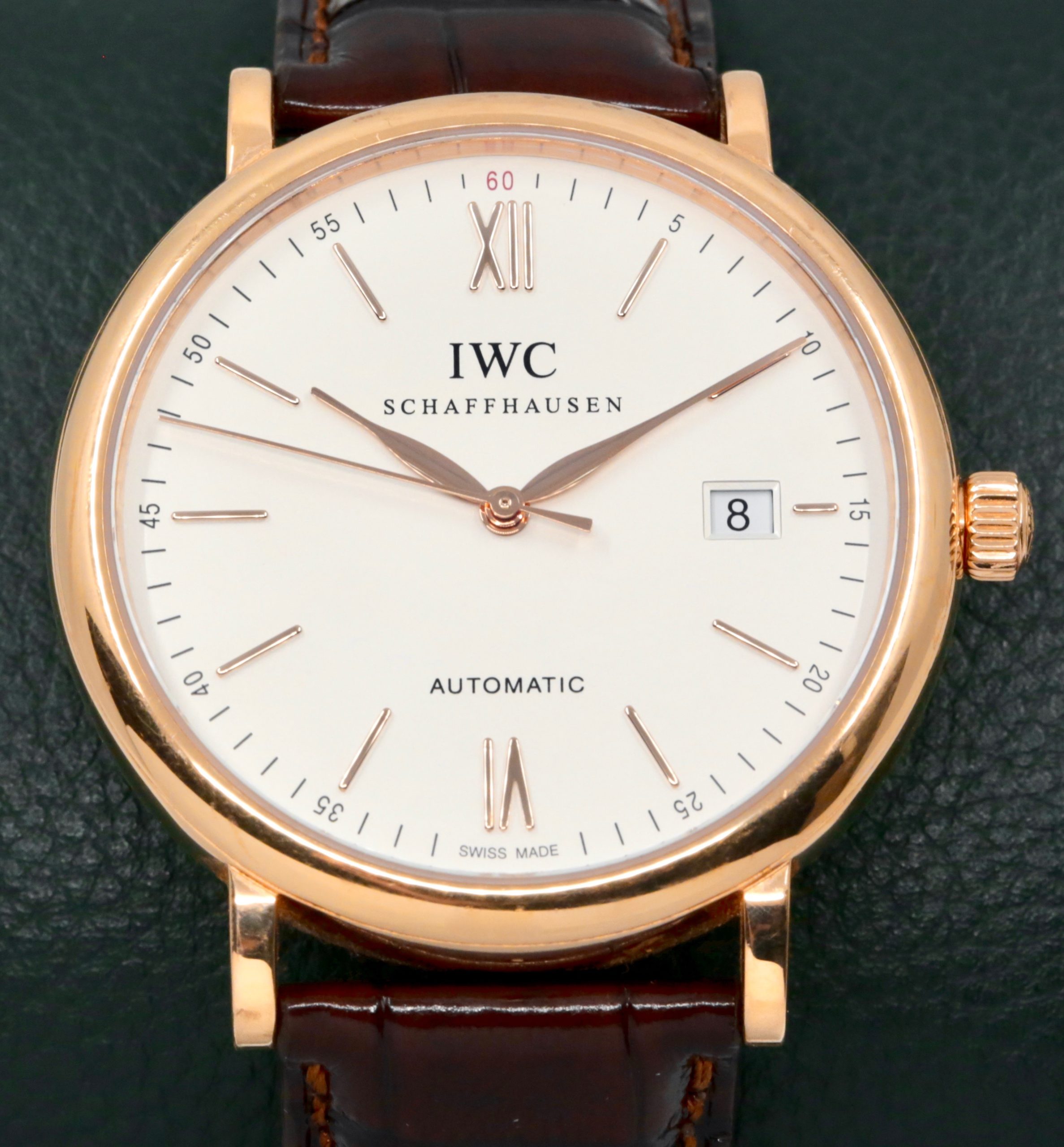 IWC Portofino Automatic in 18ct Rose Gold, Silver‑Tone Matte Index Dial with Date at 3 O’Clock on a IWC Alligator Strap and 18ct Rose Gold Tang Buckle, Ref: IW356504, Ca:2016, with Original Purchase Receipt - Image 3