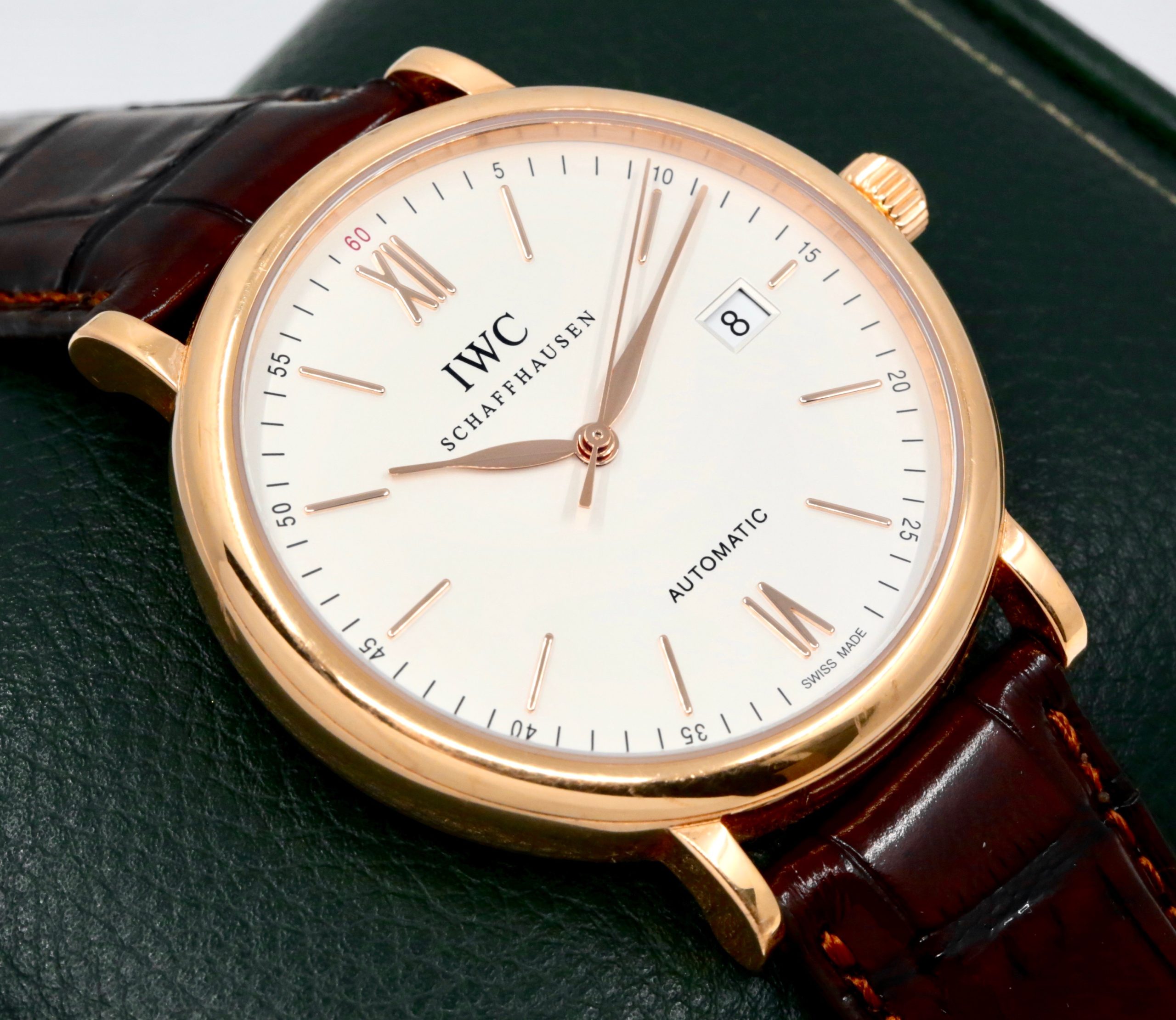 IWC Portofino Automatic in 18ct Rose Gold, Silver‑Tone Matte Index Dial with Date at 3 O’Clock on a IWC Alligator Strap and 18ct Rose Gold Tang Buckle, Ref: IW356504, Ca:2016, with Original Purchase Receipt