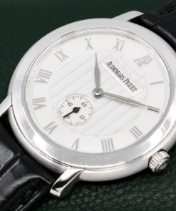 Alternative view of Audemars Piguet Jules Audemars in 18ct White Gold, Silver Dial with Applied White Gold Roman Numerals, Fitted on Black AP Alligator Strap with 18ct White Gold AP Tang Buckle. Ref: 15056BC