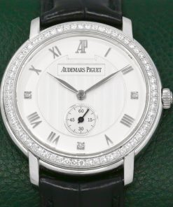 Audemars Piguet Jules Audemars, 36mm 18ct White Gold Case with Factory Set Diamond Bezel, Silver Roman Dial with Factory Set Diamonds at 3,6,9, on Black Audemars Piguet Alligator Strap with 18ct White Gold Audemars Piguet Tang Buckle, Ref. 15103BC.ZZ.A001CR.02, Circa: 2005