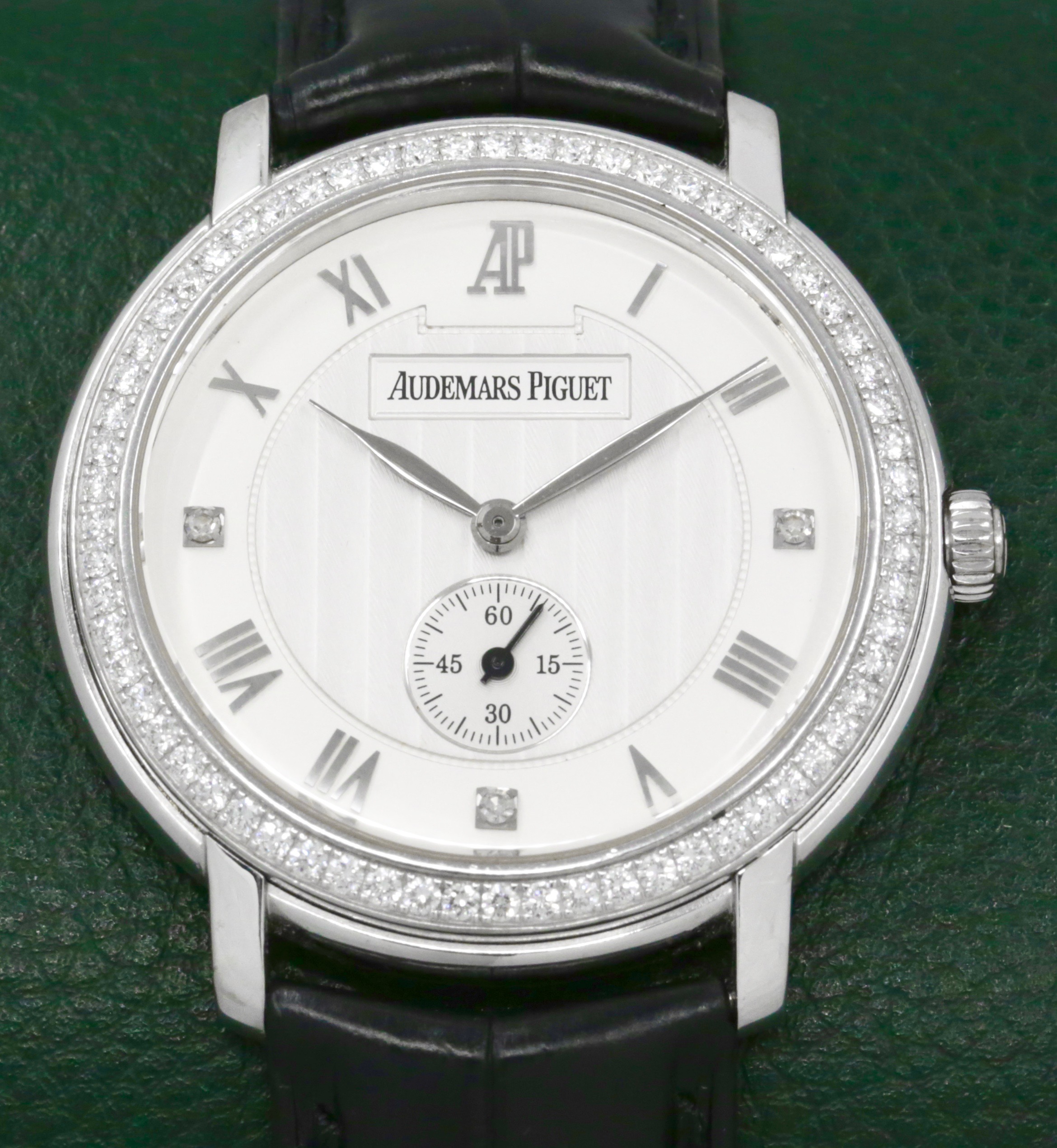 Audemars Piguet Jules Audemars, 36mm 18ct White Gold Case with Factory Set Diamond Bezel, Silver Roman Dial with Factory Set Diamonds at 3,6,9, on Black Audemars Piguet Alligator Strap with 18ct White Gold Audemars Piguet Tang Buckle, Ref. 15103BC.ZZ.A001CR.02, Circa: 2005