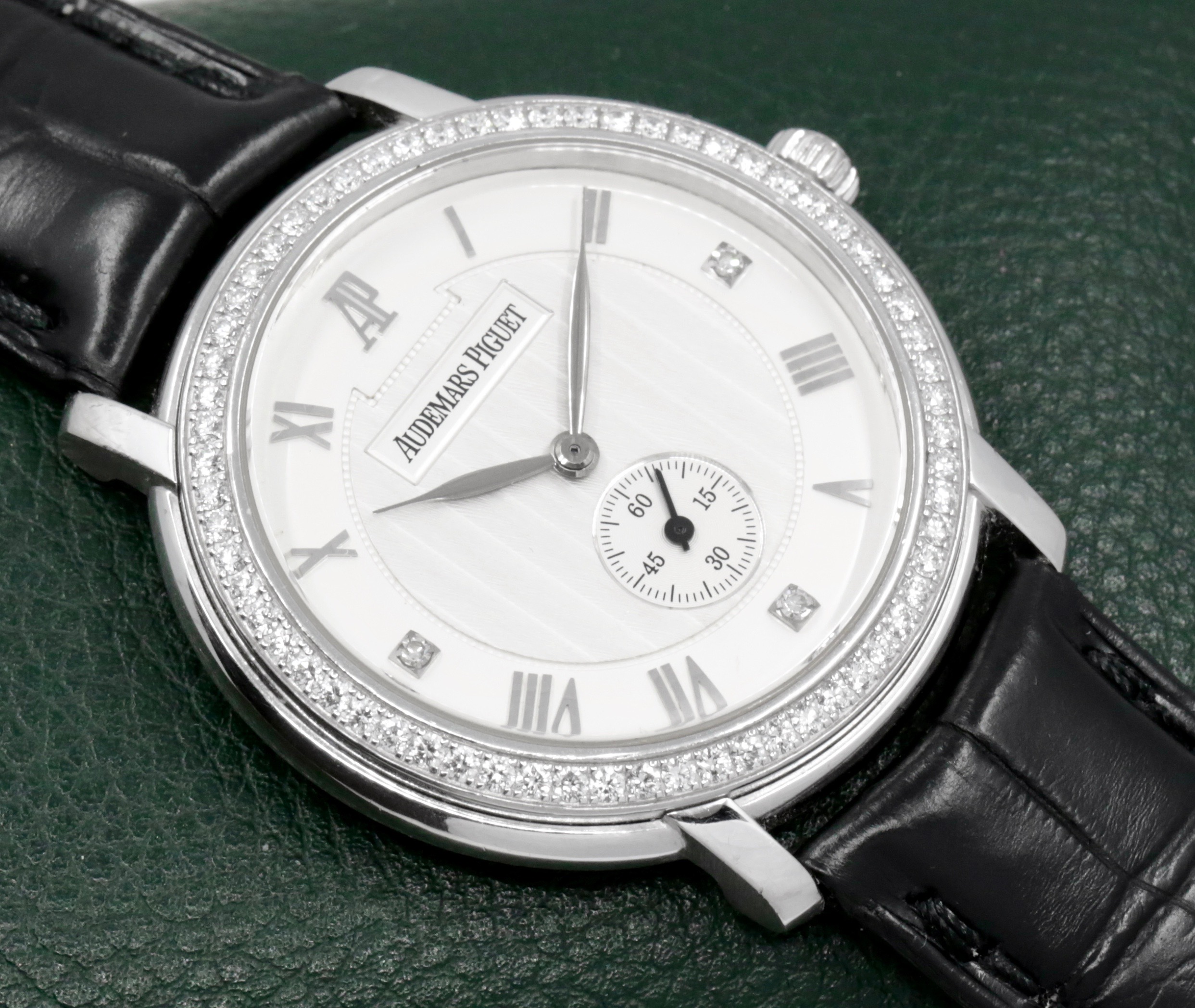 Audemars Piguet Jules Audemars, 36mm 18ct White Gold Case with Factory Set Diamond Bezel, Silver Roman Dial with Factory Set Diamonds at 3,6,9, on Black Audemars Piguet Alligator Strap with 18ct White Gold Audemars Piguet Tang Buckle, Ref. 15103BC.ZZ.A001CR.02, Circa: 2005 - Image 3