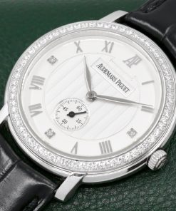 Alternative view of Audemars Piguet Jules Audemars, 36mm 18ct White Gold Case with Factory Set Diamond Bezel, Silver Roman Dial with Factory Set Diamonds at 3,6,9, on Black Audemars Piguet Alligator Strap with 18ct White Gold Audemars Piguet Tang Buckle, Ref. 15103BC.ZZ.A001CR.02, Circa: 2005