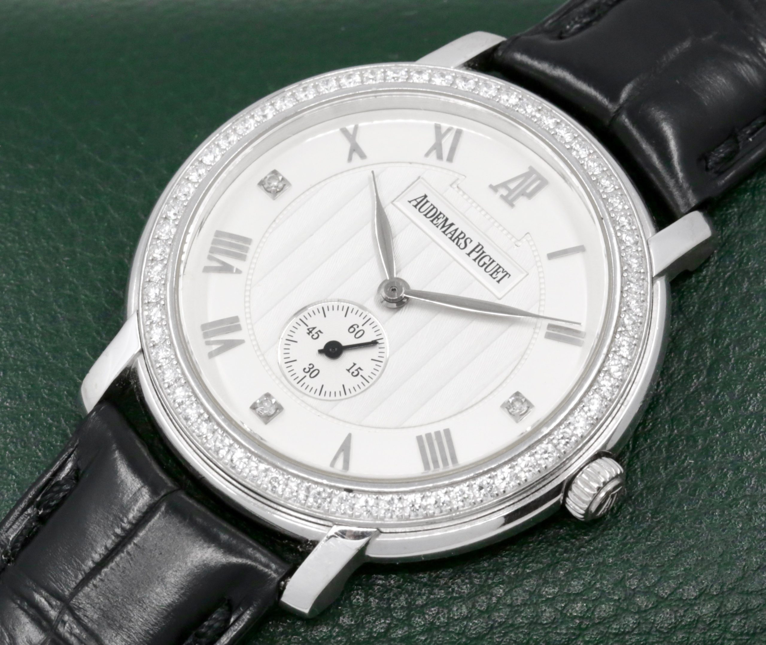 Audemars Piguet Jules Audemars, 36mm 18ct White Gold Case with Factory Set Diamond Bezel, Silver Roman Dial with Factory Set Diamonds at 3,6,9, on Black Audemars Piguet Alligator Strap with 18ct White Gold Audemars Piguet Tang Buckle, Ref. 15103BC.ZZ.A001CR.02, Circa: 2005 - Image 2