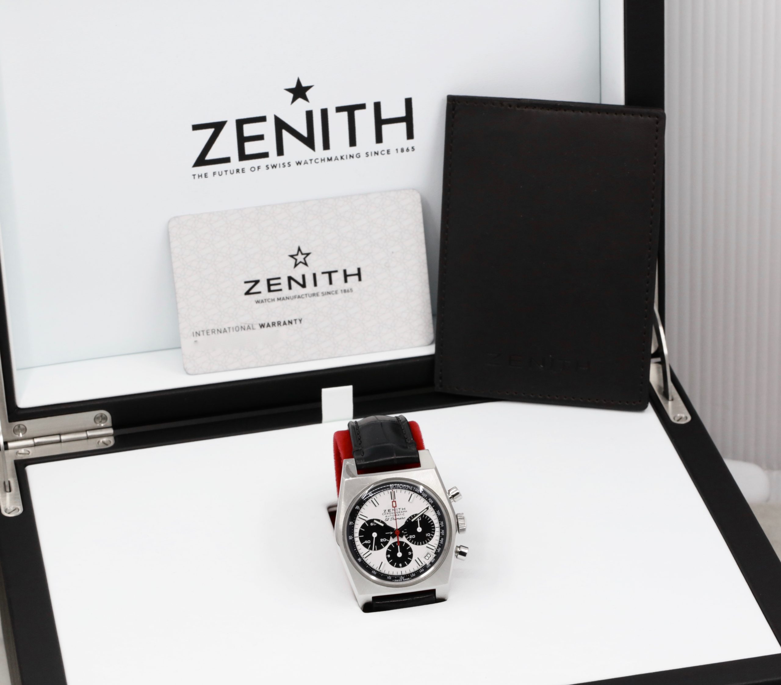 ON SALE!! Zenith Chronomaster Revival El Primero A384 in stainless steel, White lacquered "panda" dial with black subdials on a Zenith Leather band and Zenith pin buckle. Box and Zenith Warranty Card Ref: 03.A.384.400/21.C815 Circa: 2023 - $7,200 inc GST!! - Image 7