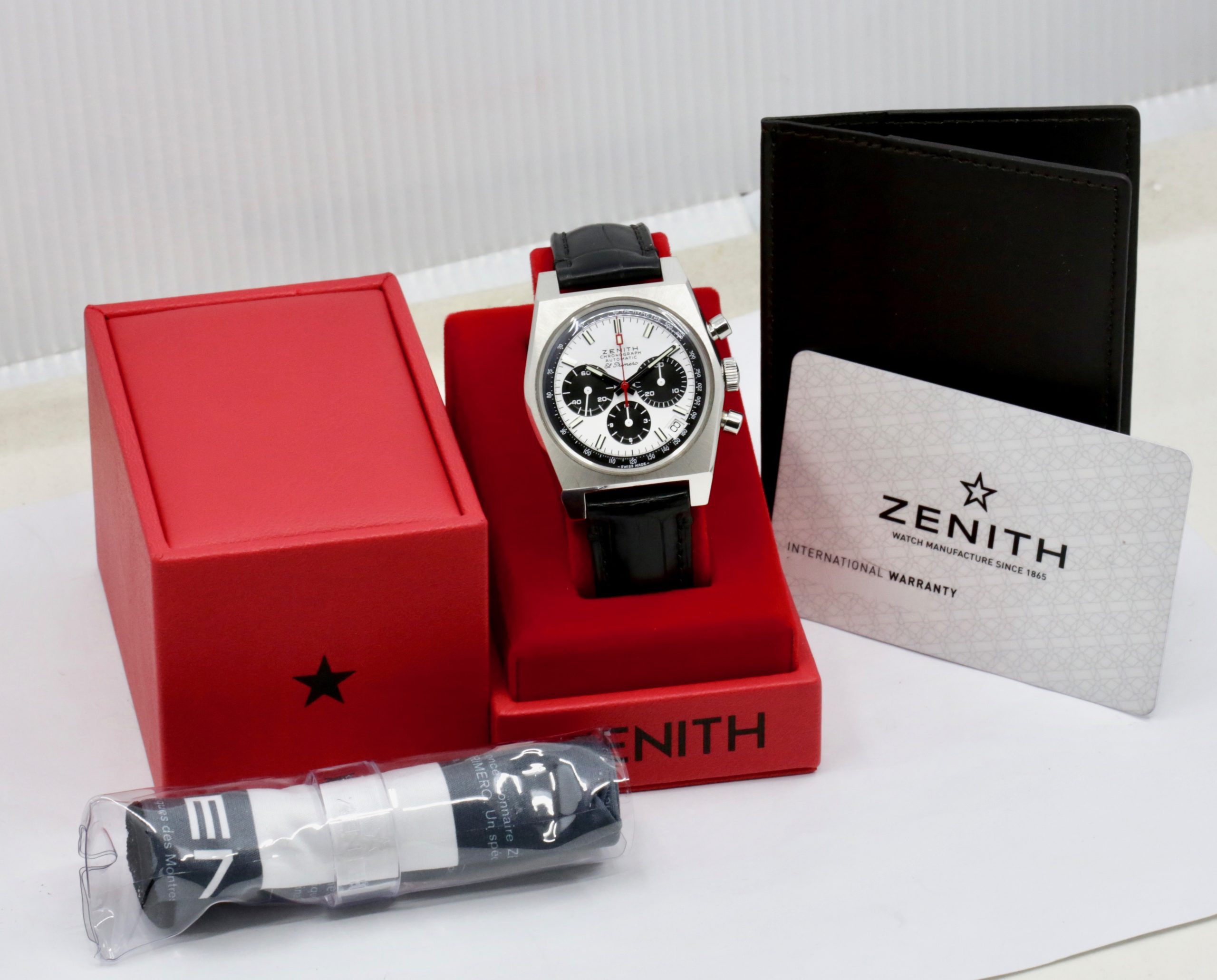 ON SALE!! Zenith Chronomaster Revival El Primero A384 in stainless steel, White lacquered "panda" dial with black subdials on a Zenith Leather band and Zenith pin buckle. Box and Zenith Warranty Card Ref: 03.A.384.400/21.C815 Circa: 2023 - $7,200 inc GST!! - Image 8