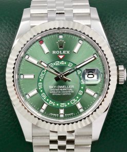 Rolex Sky-Dweller, in Stainless Steel, 18ct White Gold Fluted Bezel, Mint Green Index Dial, on Stainless Steel Rolex Jubilee Bracelet, Ref 336934, Late 2024 Model, with Box, Books, Swing Tag, Rolex Warranty Card & Balance of 5 Year Rolex Factory Warranty