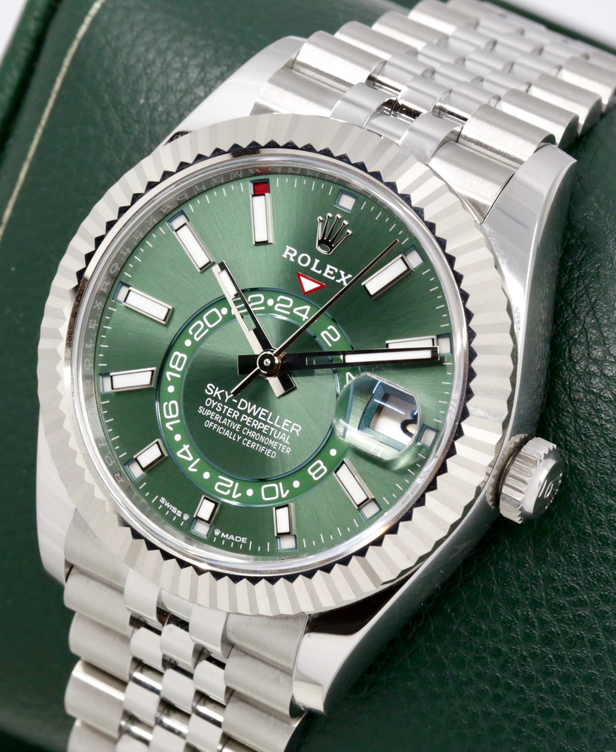 Rolex Sky-Dweller, in Stainless Steel, 18ct White Gold Fluted Bezel, Mint Green Index Dial, on Stainless Steel Rolex Jubilee Bracelet, Ref 336934, Late 2024 Model, with Box, Books, Swing Tag, Rolex Warranty Card & Balance of 5 Year Rolex Factory Warranty - Image 3