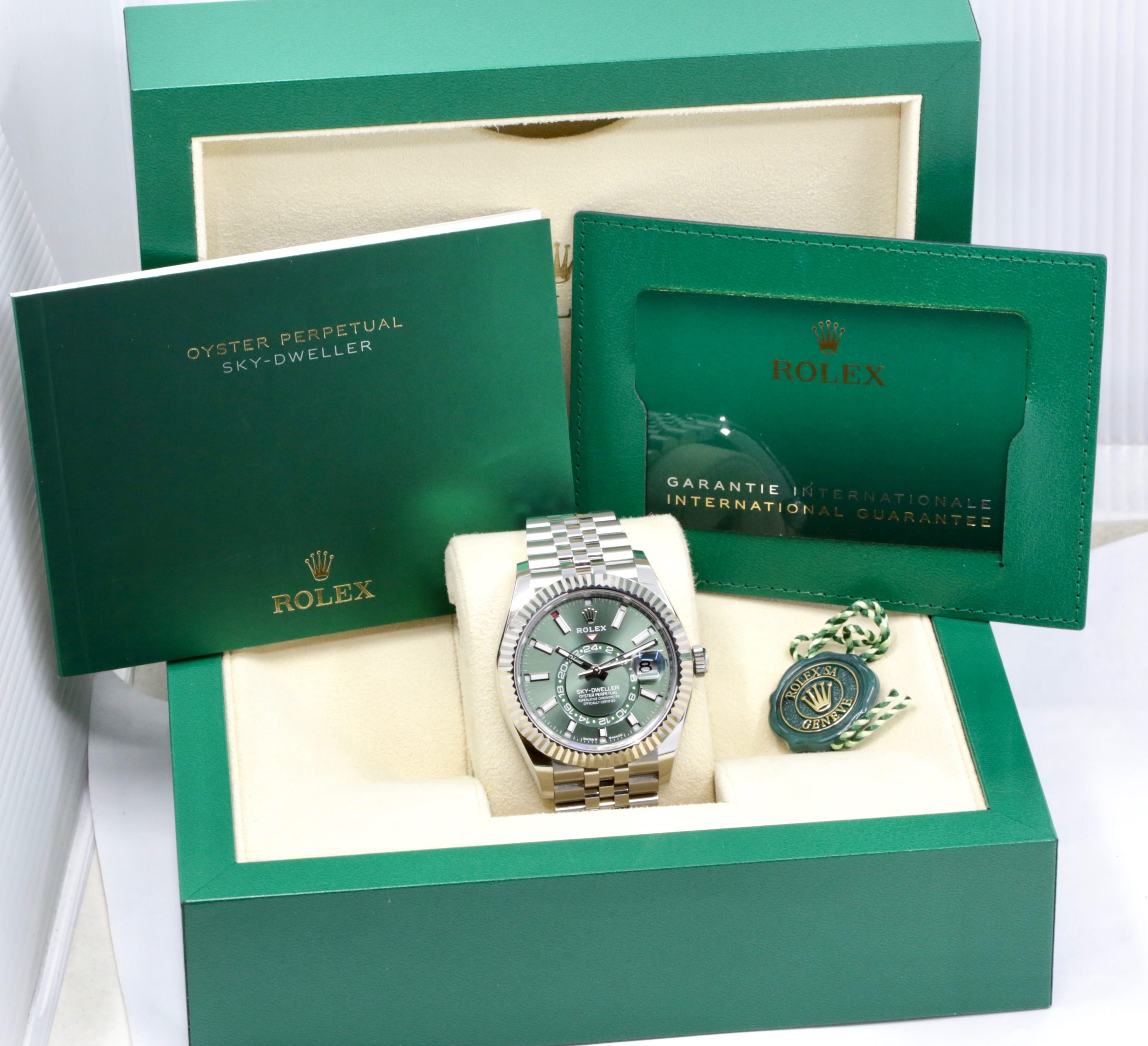 Rolex Sky-Dweller, in Stainless Steel, 18ct White Gold Fluted Bezel, Mint Green Index Dial, on Stainless Steel Rolex Jubilee Bracelet, Ref 336934, Late 2024 Model, with Box, Books, Swing Tag, Rolex Warranty Card & Balance of 5 Year Rolex Factory Warranty - Image 7