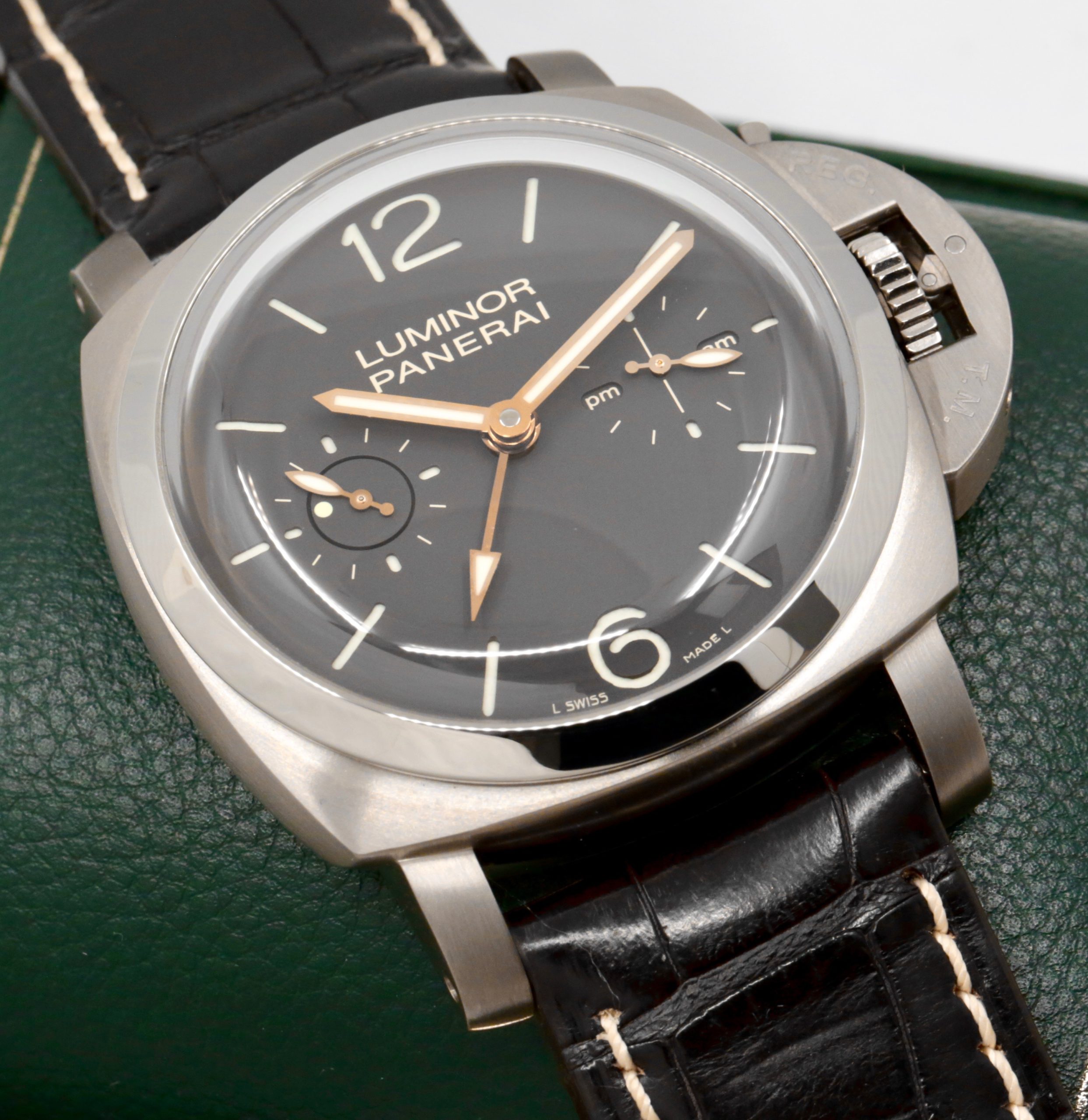 Panerai Luminor 1950 Tourbillon GMT “Titanio” in Titanium, Brown Index Dial with GMT Hand, Power Reserve & AM/PM Indicators, Limited to 150 Pieces. Reference: PAM 00306, Circa: 2009, with Box, Books, Papers & Panerai Certificate - Image 3