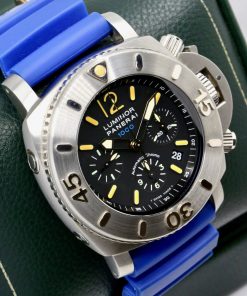 Alternative view of ON SALE!! Panerai Luminor Submersible 1950 Chronograph 1000m in Stainless Steel, Special Edition limited to 1,000 pieces, Black Index Dial on a Blue Panerai Rubber Strap with Stainless Steel Panerai Tang Buckle, Ref.00187, Circa: Oct. 2004, with Panerai Certificate