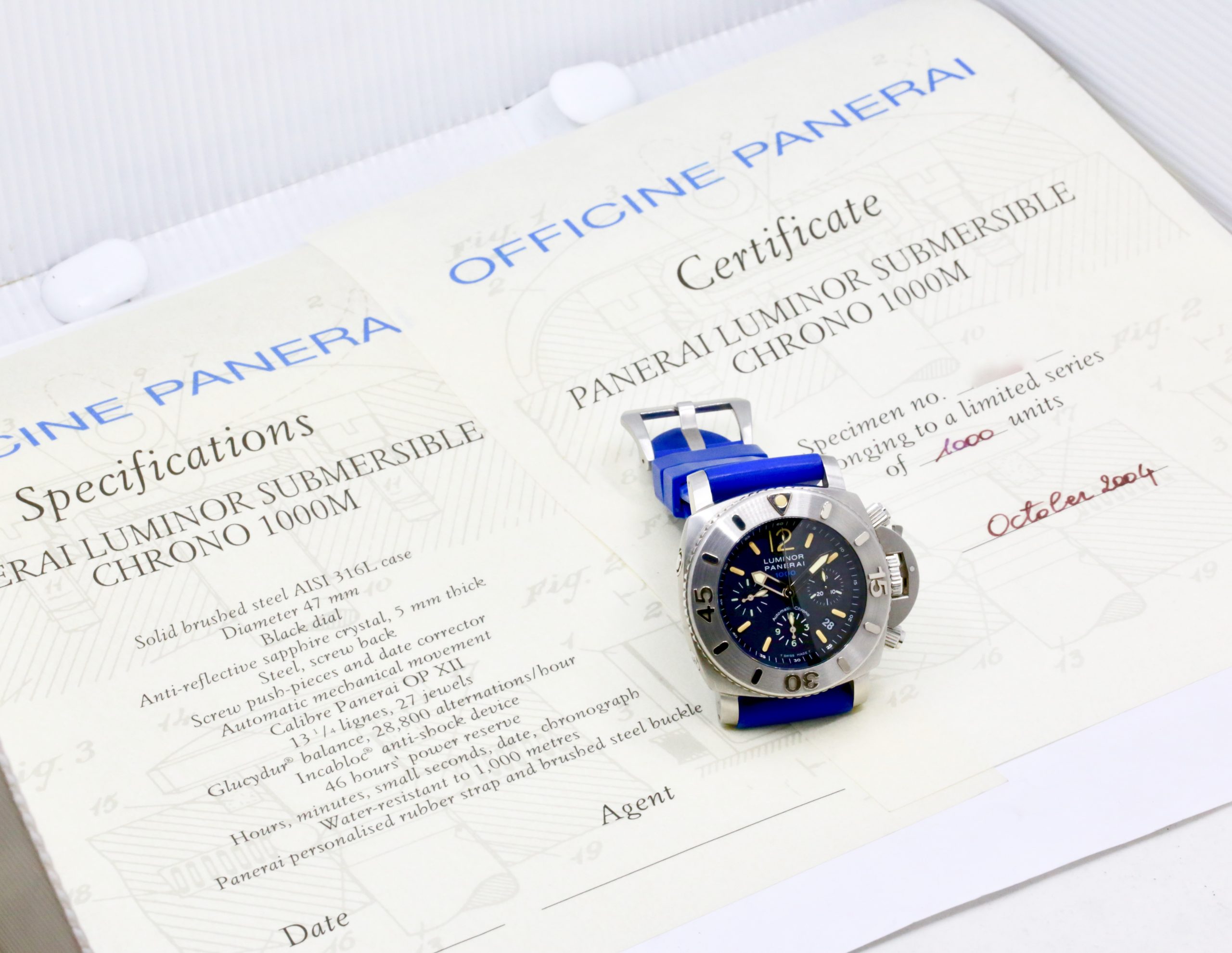 ON SALE!! Panerai Luminor Submersible 1950 Chronograph 1000m in Stainless Steel, Special Edition limited to 1,000 pieces, Black Index Dial on a Blue Panerai Rubber Strap with Stainless Steel Panerai Tang Buckle, Ref.00187, Circa: Oct. 2004, with Panerai Certificate - Image 7
