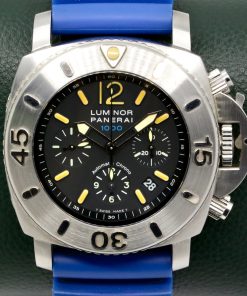 ON SALE!! Panerai Luminor Submersible 1950 Chronograph 1000m in Stainless Steel, Special Edition limited to 1,000 pieces, Black Index Dial on a Blue Panerai Rubber Strap with Stainless Steel Panerai Tang Buckle, Ref.00187, Circa: Oct. 2004, with Panerai Certificate