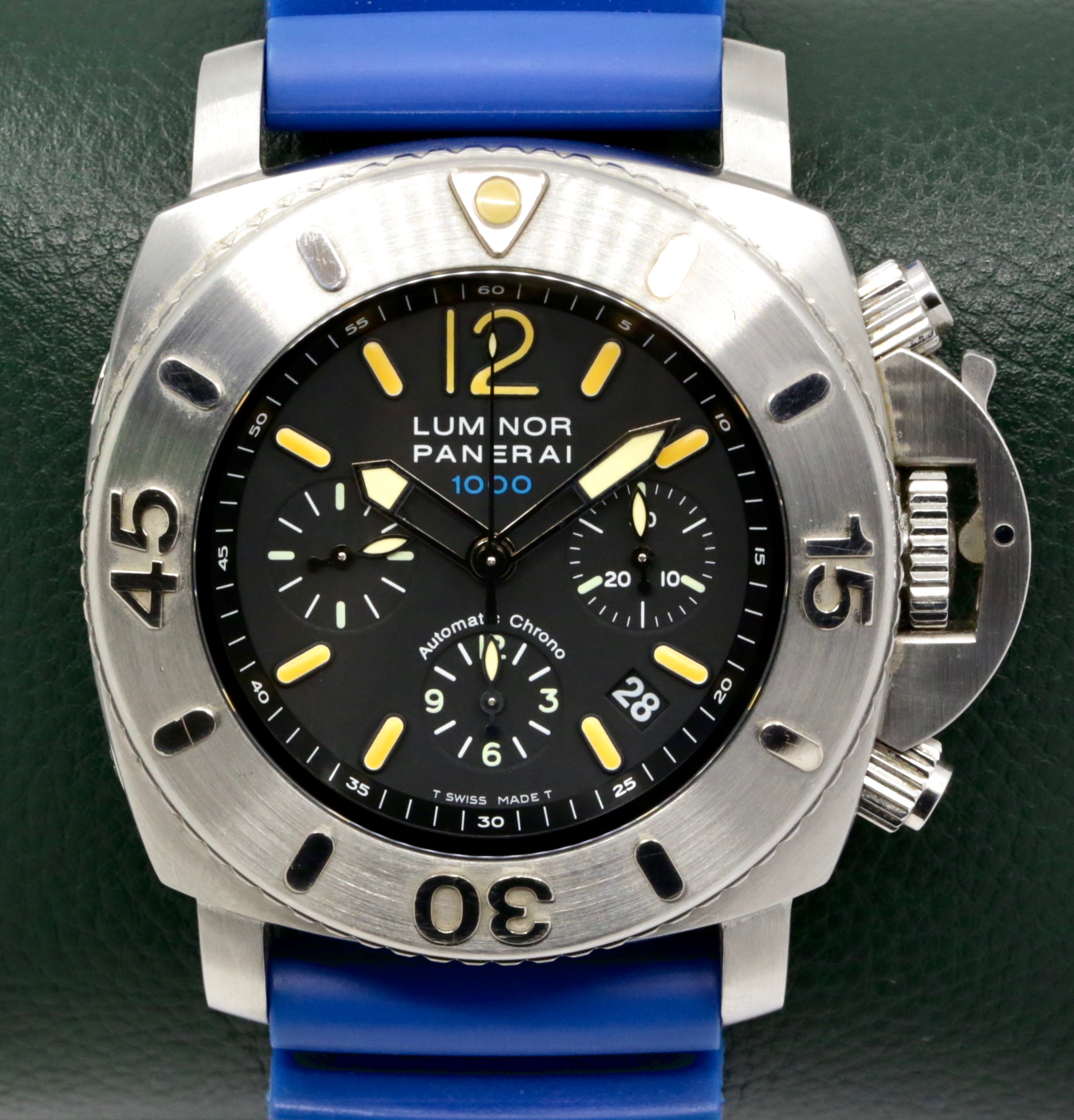 ON SALE!! Panerai Luminor Submersible 1950 Chronograph 1000m in Stainless Steel, Special Edition limited to 1,000 pieces, Black Index Dial on a Blue Panerai Rubber Strap with Stainless Steel Panerai Tang Buckle, Ref.00187, Circa: Oct. 2004, with Panerai Certificate