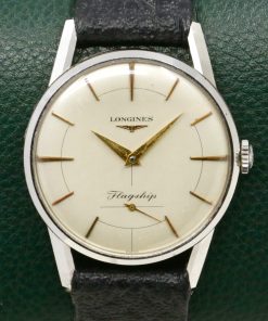 Vintage Longines Flagship, 34mm Stainless Steel Case, Silver Index Dial with Subsidiary -Seconds, Manual Winding Cal. 30L, 17 Jewels, on Black Leather Strap, Ref. 101 778, Circa: 1955