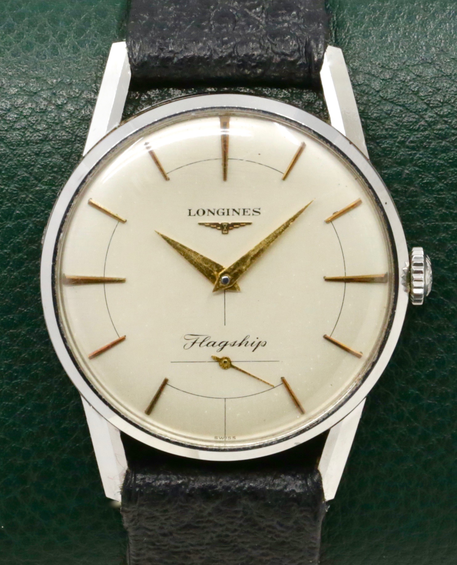 Vintage Longines Flagship, 34mm Stainless Steel Case, Silver Index Dial with Subsidiary -Seconds, Manual Winding Cal. 30L, 17 Jewels, on Black Leather Strap, Ref. 101 778, Circa: 1955