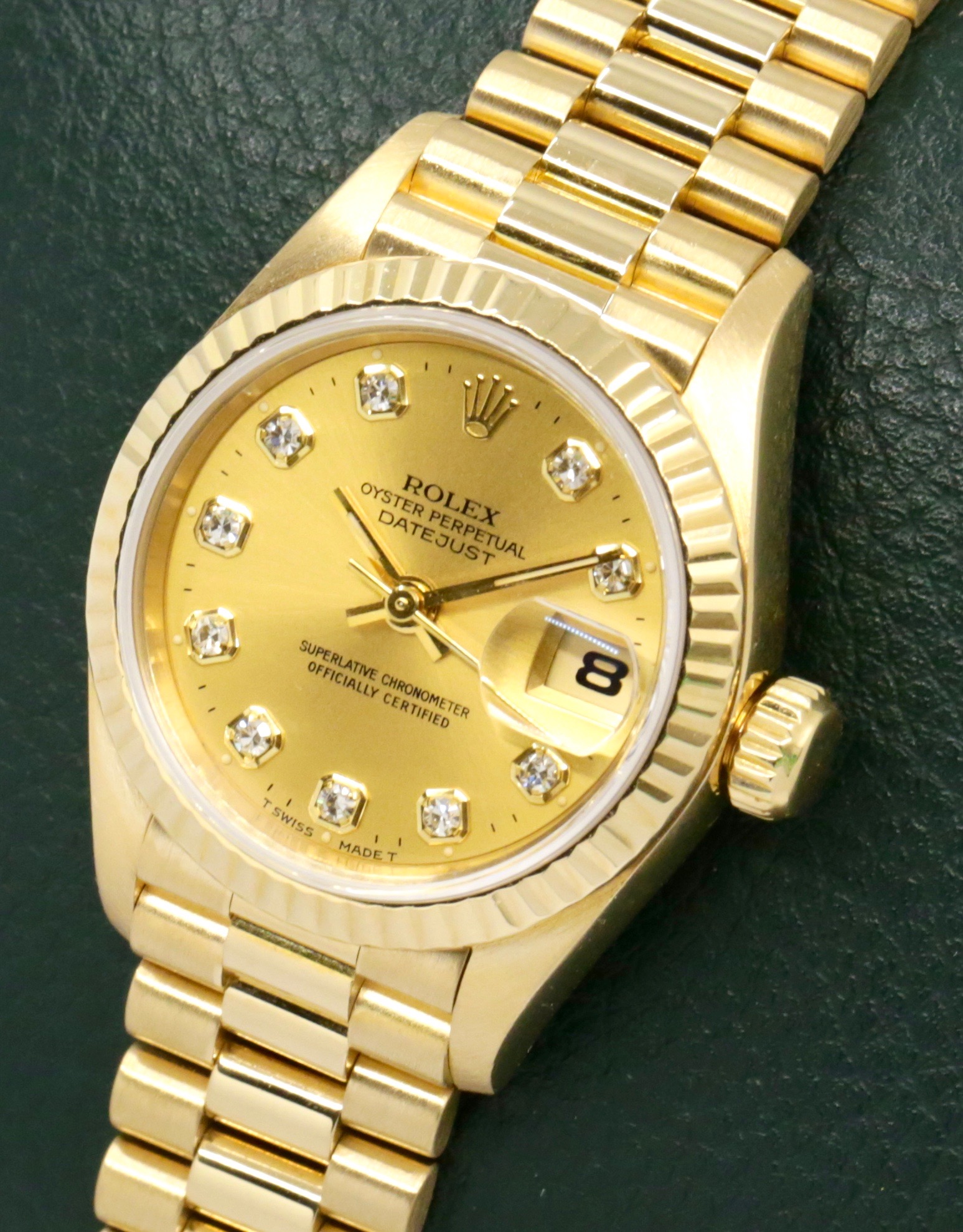 Rolex Lady-Datejust 26, in 18ct Yellow Gold, Fluted Bezel, with Factory Set Champagne Diamond Dial, on 18ct Yellow Gold Rolex President Bracelet, Ref. 69178, Circa: 1991, with Box, Rolex Folder & Calendar - Image 2