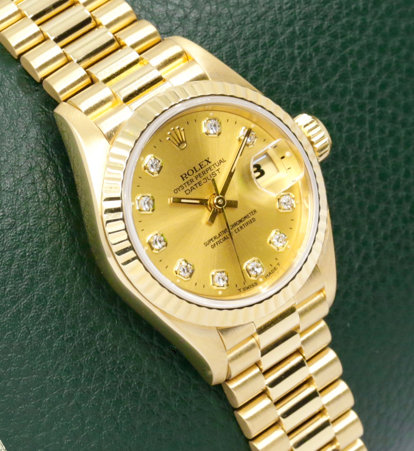 Rolex Lady-Datejust 26, in 18ct Yellow Gold, Fluted Bezel, with Factory Set Champagne Diamond Dial, on 18ct Yellow Gold Rolex President Bracelet, Ref. 69178, Circa: 1991, with Box, Rolex Folder & Calendar - Image 4