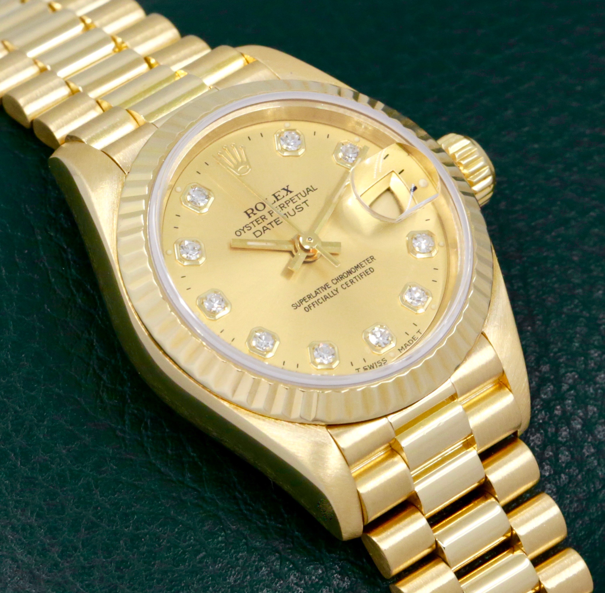 Rolex Lady-Datejust 26, in 18ct Yellow Gold, Fluted Bezel, with Factory Set Champagne Diamond Dial, on 18ct Yellow Gold Rolex President Bracelet, Ref. 69178, Circa: 1991, with Box, Rolex Folder & Calendar - Image 3