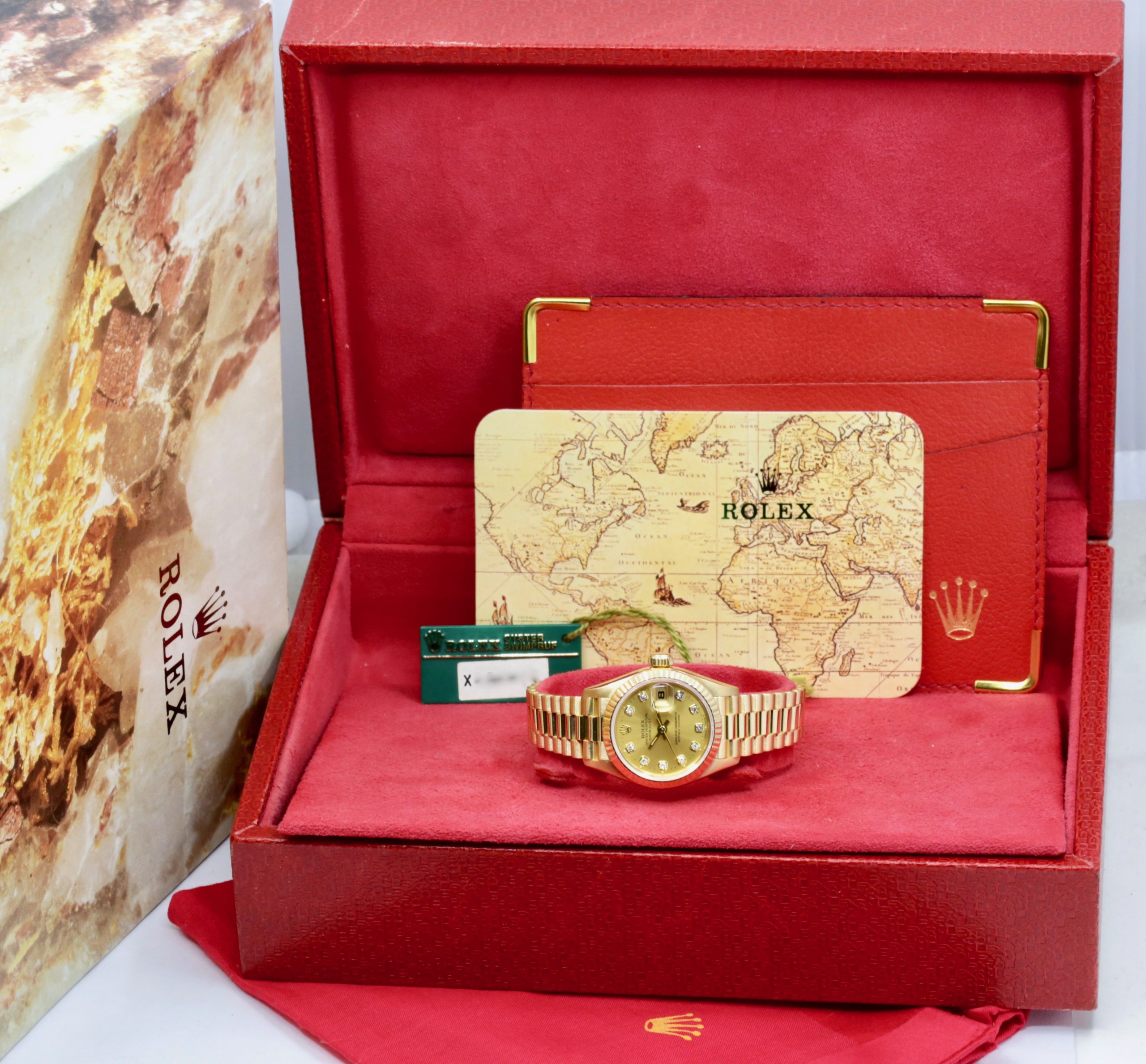 Rolex Lady-Datejust 26, in 18ct Yellow Gold, Fluted Bezel, with Factory Set Champagne Diamond Dial, on 18ct Yellow Gold Rolex President Bracelet, Ref. 69178, Circa: 1991, with Box, Rolex Folder & Calendar - Image 8