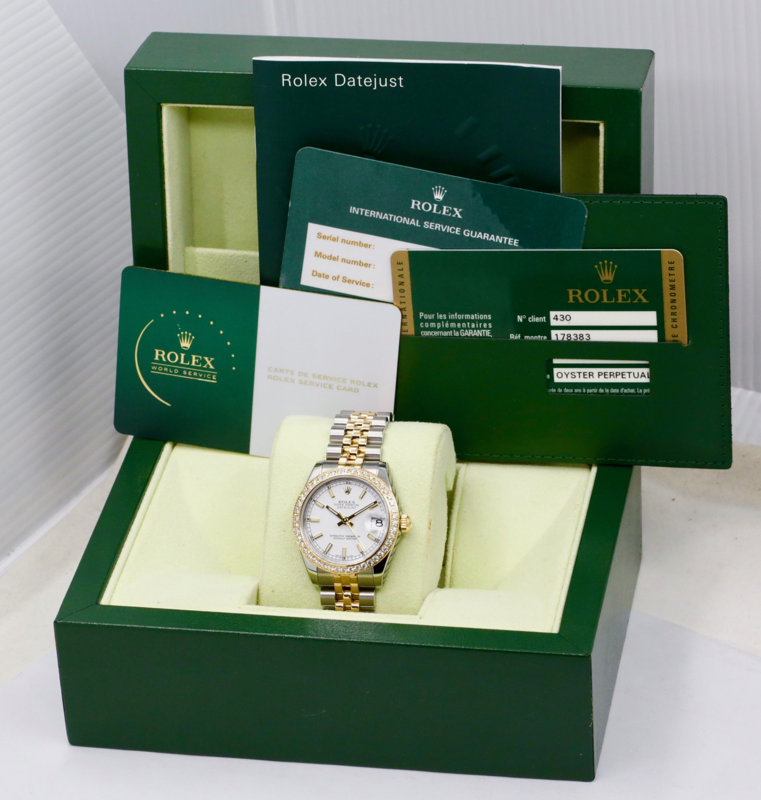 Rolex Lady-Datejust 31, Stainless Steel & 18ct Yellow Gold, Factory Set Diamond Bezel, White Index Dial, on Stainless Steel & 18ct Yellow Gold Rolex Jubilee Bracelet, Ref. 178383, Circa: 2011, with Box, Books, Rolex Warranty Card, Rolex Service Cards & Balance of 2 Year Rolex Service Warranty - Image 8