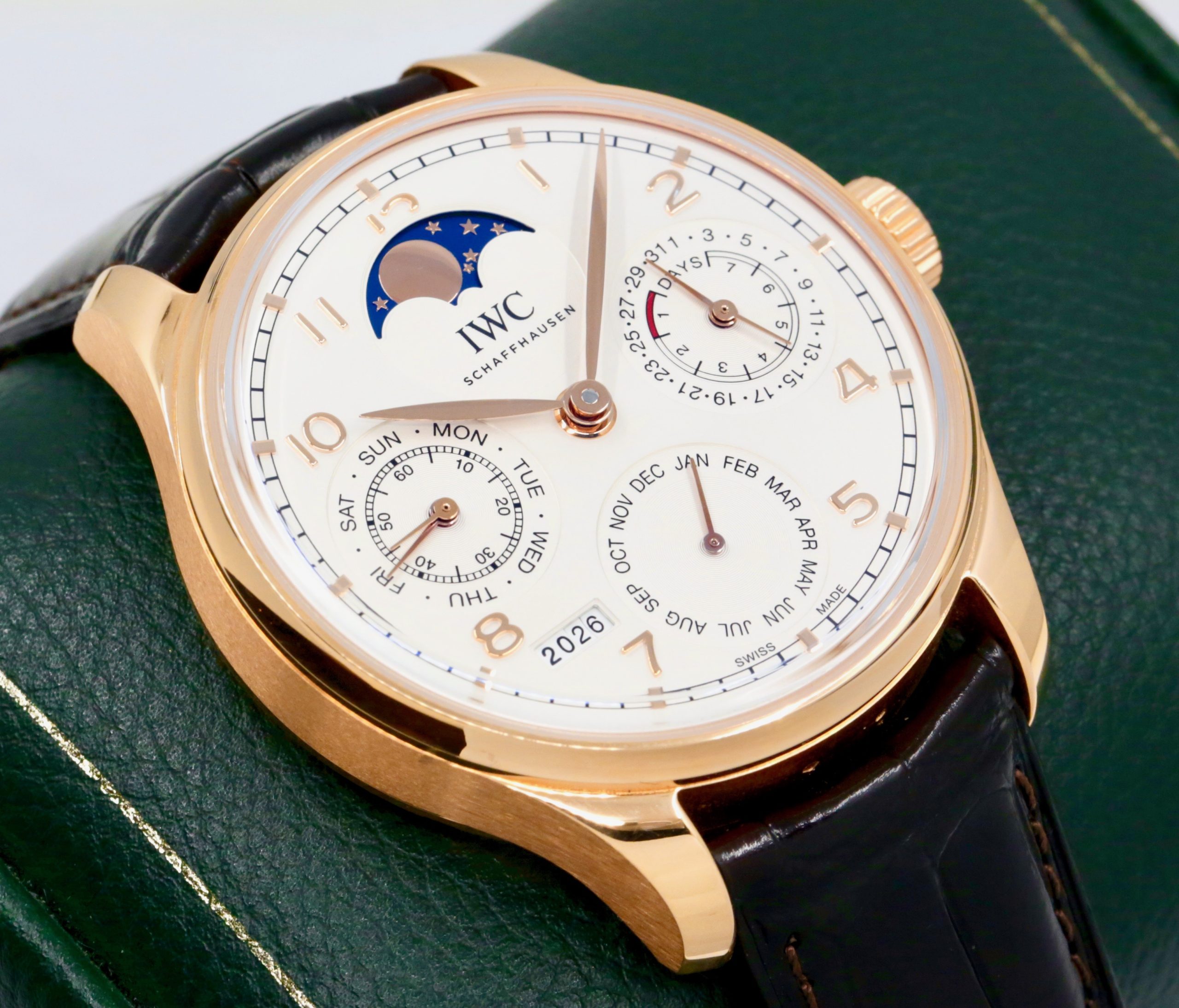 IWC Portugieser Perpetual Calendar, 18ct Rose Gold, Silver Arab Dial with Moon Phase, on Brown Alligator IWC Strap with 18ct Rose Gold IWC Deployant, Ref. IW503302, Circa: 2022, Complete with Box, Books, IWC Warranty Card & Balance of 8 Year IWC Extended Factory Warranty