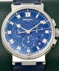 ON SALE!! Breguet Marine 5527 in 18ct White Gold, 42mm, Coin Edge Case, Blue Guilloché Dial with Blue Sub-Dials, on Blue Breguet Alligator Strap with 18ct White Gold Deployant. Ref: 5527BB/Y2/9WV, with Box and Papers, Circa: 2018 - ALMOST 60% OFF MSRP!! - $26,800 inc GST.