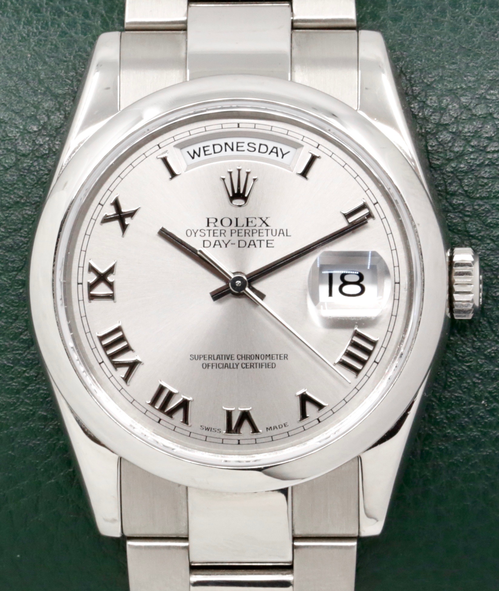 Rolex Day-Date, Ref. 118209, in 18ct White Gold, Domed Bezel, Silver Roman Dial, on 18ct White Gold Rolex Oyster Bracelet, Circa: 2000, with Box & Rolex Service Invoice Dated Jan. 2025