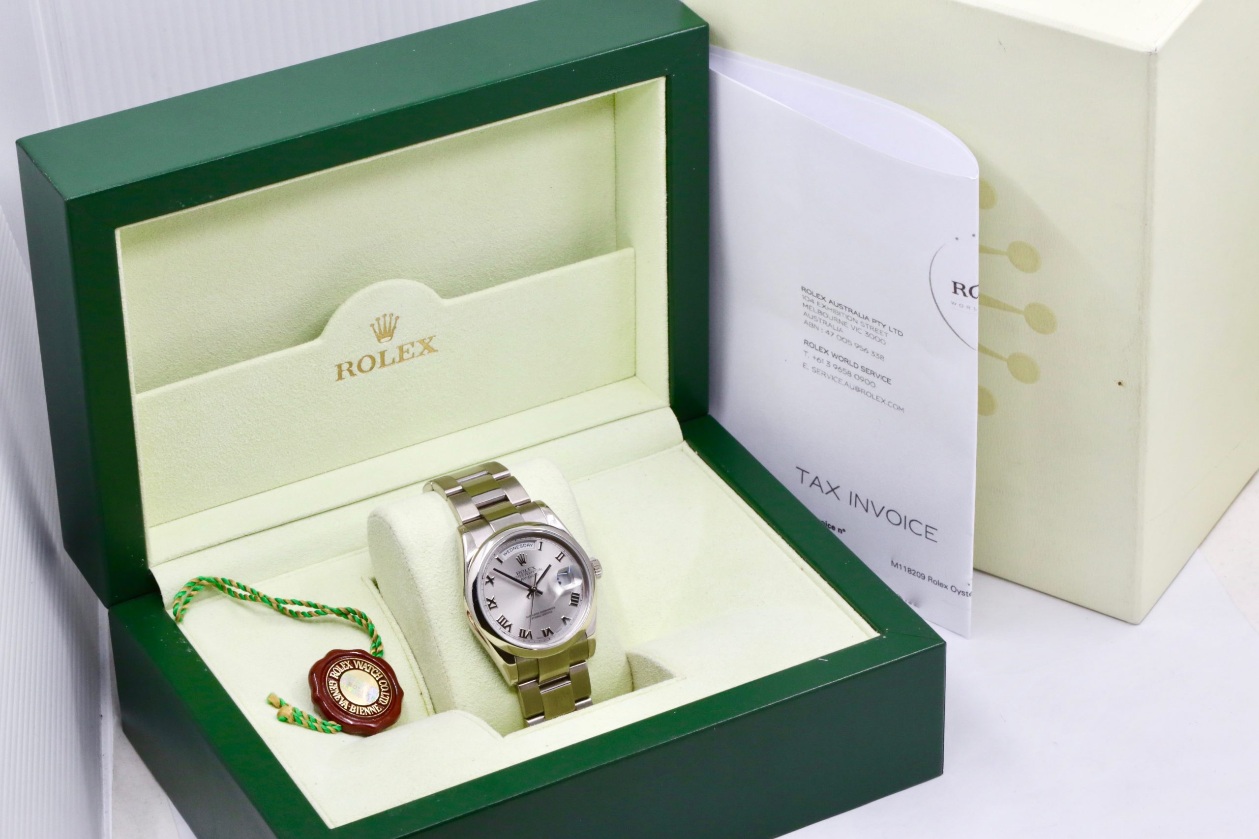 Rolex Day-Date, Ref. 118209, in 18ct White Gold, Domed Bezel, Silver Roman Dial, on 18ct White Gold Rolex Oyster Bracelet, Circa: 2000, with Box & Rolex Service Invoice Dated Jan. 2025 - Image 7