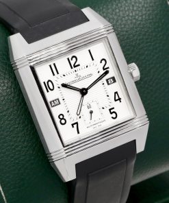 Jaeger-LeCoultre Reverso Squadra Hometime, Dual-Time, Stainless Steel Case, Silver Arab Dial with Date & "AM/PM" Indicator, on Black JLC Rubber Strap with Stainless Steel JLC Deployant, Ref. 230.8.77, Circa: 2007, with JLC Box & JLC Warranty Certificate