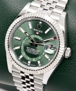 Alternative view of Rolex Sky-Dweller, Mint Green Index Dial, 42mm Stainless Steel Case with 18ct White Gold Fluted Bezel, on Stainless Steel Rolex Jubilee Bracelet, Ref. 336934, Circa: 2024, with Complete with Box, Books, Green & White Swing Tags, Rolex Warranty Card & Balance of 5 Year Rolex Factory Warranty