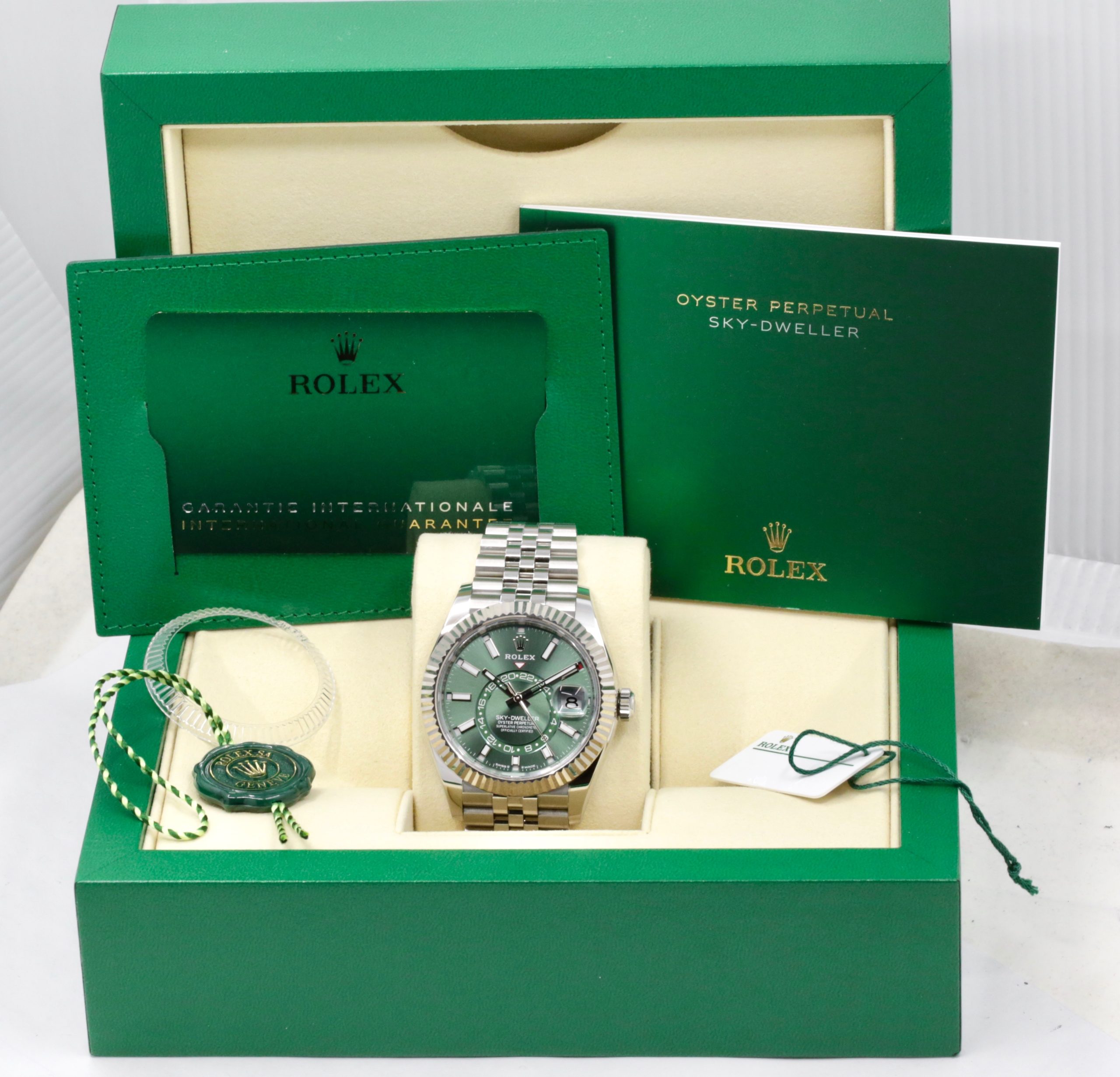 Rolex Sky-Dweller, Mint Green Index Dial, 42mm Stainless Steel Case with 18ct White Gold Fluted Bezel, on Stainless Steel Rolex Jubilee Bracelet, Ref. 336934, Circa: 2024, with Complete with Box, Books, Green & White Swing Tags, Rolex Warranty Card & Balance of 5 Year Rolex Factory Warranty - Image 7