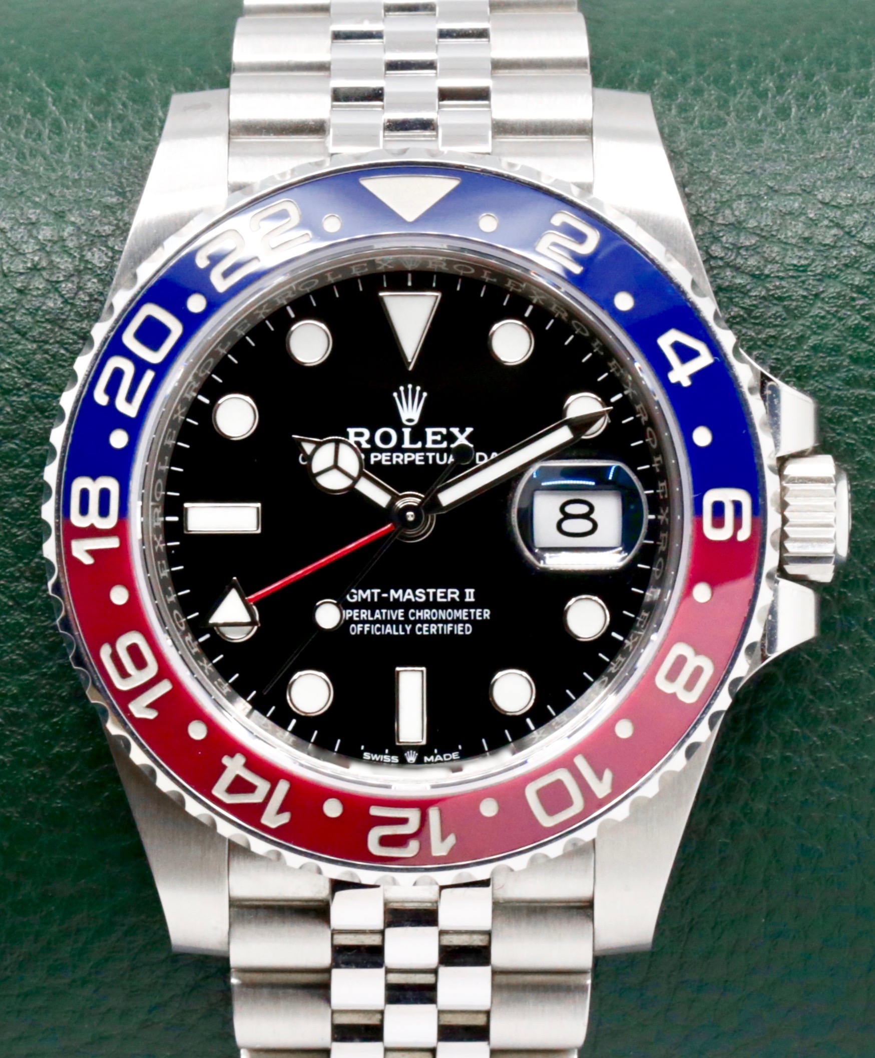 Rolex GMT-Master II “Pepsi”, Stainless Steel, Black Index Dial, Blue & Red Ceramic Bezel, on Stainless Steel Rolex Jubilee Bracelet, Ref. 126710BLRO, Circa: 2018, Complete with Box, Books & Rolex Warranty Card