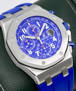 Audemars Piguet Royal Oak Offshore Chronograph in Stainless Steel, 42mm, Indigo Blue "Méga Tapisserie" Dial, on Blue Audemars Piguet Rubber Strap with Stainless Steel AP Tang Buckle, Ref. 26470ST, Ca. 2018, with Box & Papers