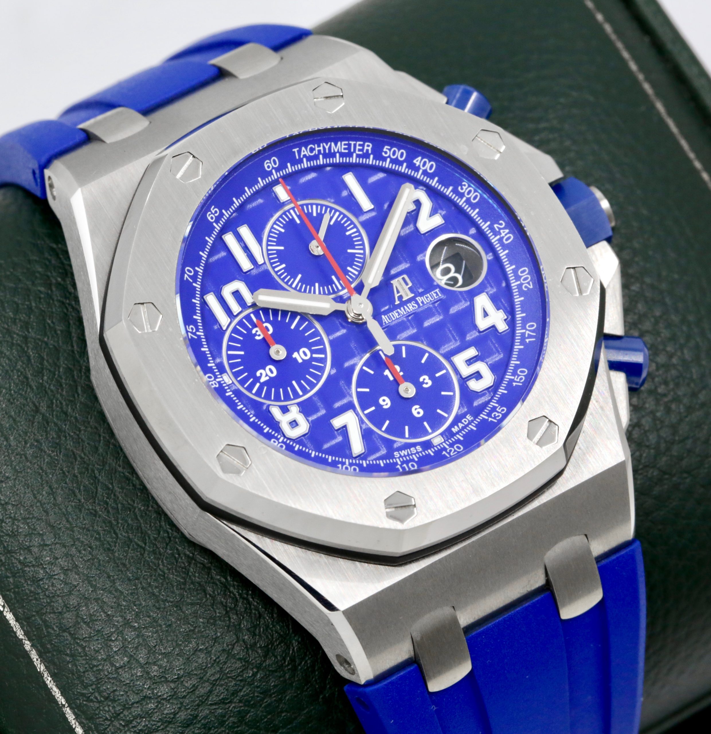 Audemars Piguet Royal Oak Offshore Chronograph in Stainless Steel, 42mm, Indigo Blue "Méga Tapisserie" Dial, on Blue Audemars Piguet Rubber Strap with Stainless Steel AP Tang Buckle, Ref. 26470ST, Ca. 2018, with Box & Papers