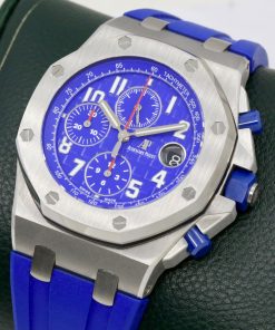 Alternative view of Audemars Piguet Royal Oak Offshore Chronograph in Stainless Steel, 42mm, Indigo Blue "Méga Tapisserie" Dial, on Blue Audemars Piguet Rubber Strap with Stainless Steel AP Tang Buckle, Ref. 26470ST, Ca. 2018, with Box & Papers