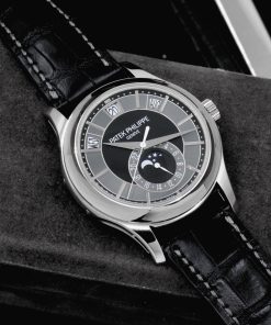 Alternative view of Patek Philippe Ref. 5205G-010 Annual Calendar, in 18ct White Gold, with Grey & Black Index Dial, Day, Date, Month, & Moon Phase Display, on Black Patek Philippe Alligator Strap with 18ct White Gold Patek Philippe Tang Buckle, Sold New in 2012, with Box & Papers