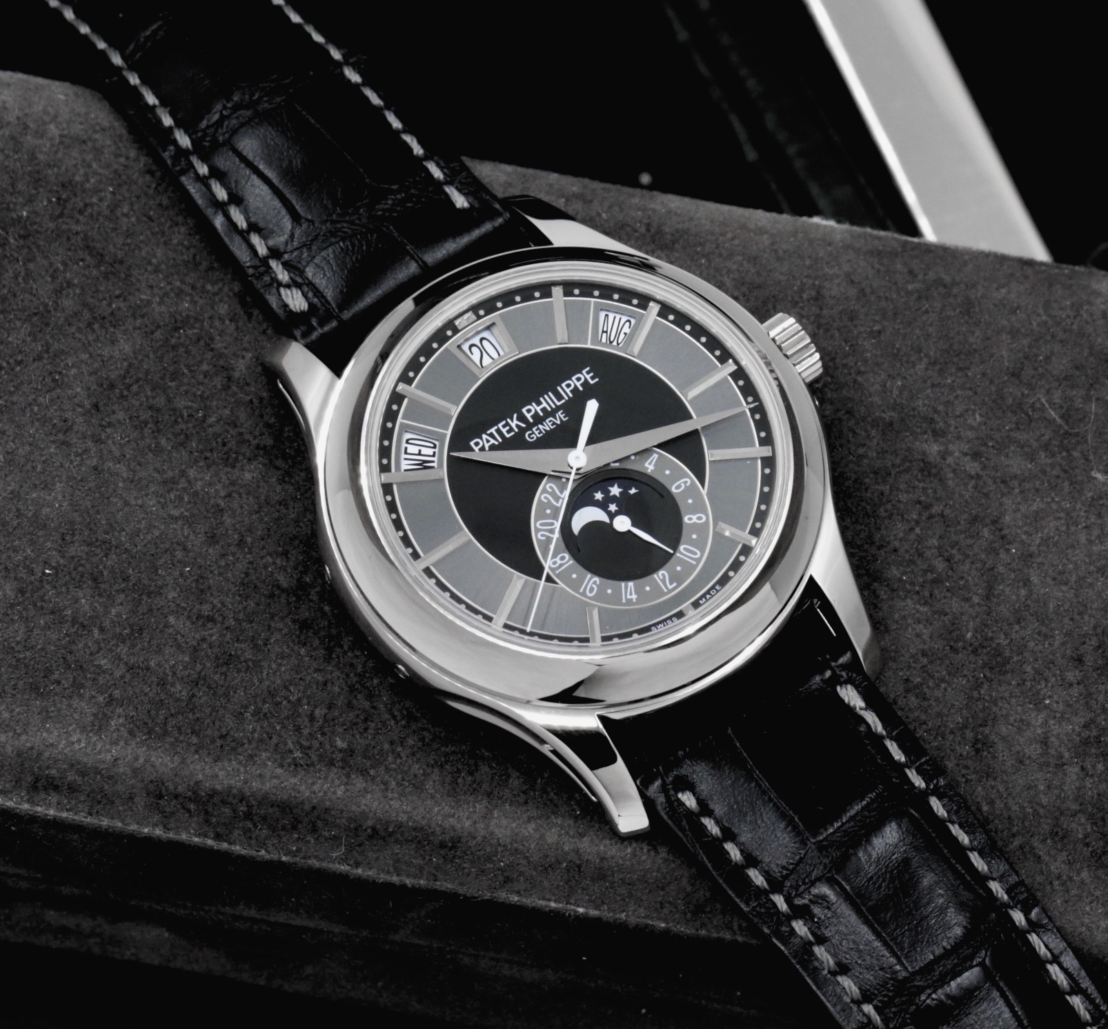 Patek Philippe Ref. 5205G-010 Annual Calendar, in 18ct White Gold, with Grey & Black Index Dial, Day, Date, Month, & Moon Phase Display, on Black Patek Philippe Alligator Strap with 18ct White Gold Patek Philippe Tang Buckle, Sold New in 2012, with Box & Papers - Image 2