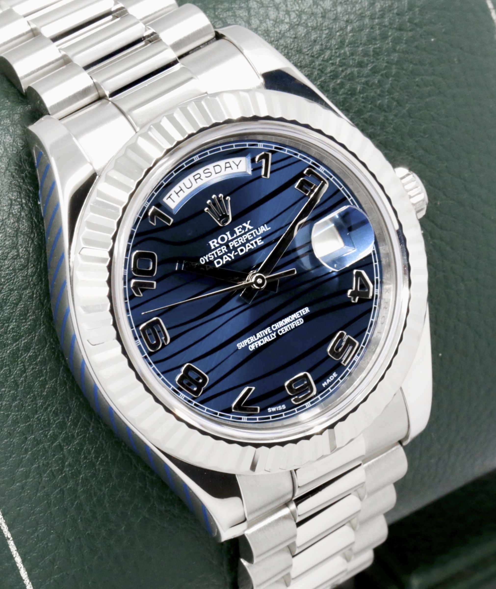 Rolex Day-Date II, 41mm 18ct White Gold Case, Fluted Bezel, with Blue Wave Dial with Concentric 18ct White Gold Arab Numerals, on 18ct White Gold Rolex President Bracelet, Ref. 218239, Circa: 2008, with Box, Books, Rolex Warranty Card & Balance of 2 Year Rolex Service Warranty - Image 3