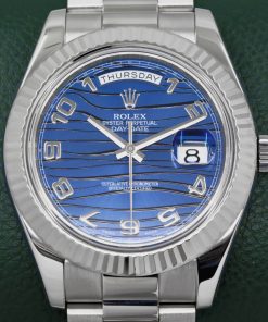 Rolex Day-Date II, 41mm 18ct White Gold Case, Fluted Bezel, with Blue Wave Dial with Concentric 18ct White Gold Arab Numerals, on 18ct White Gold Rolex President Bracelet, Ref. 218239, Circa: 2008, with Box, Books, Rolex Warranty Card & Balance of 2 Year Rolex Service Warranty