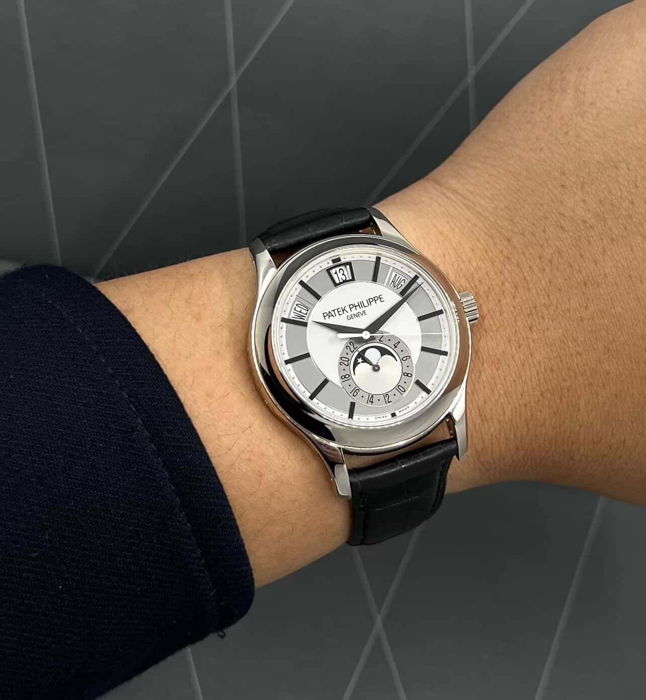 Patek Philippe Annual Calendar Moon Phase, in 18ct White Gold, Silver Index Dial with Day-Date-Month Display, on Black Patek Alligator Band with 18ct White Gold Patek Tang Buckle, Ref. 5205G, with Patek Philippe Box & Service Receipt - Serviced by Patek Philippe in 2023 - Image 7