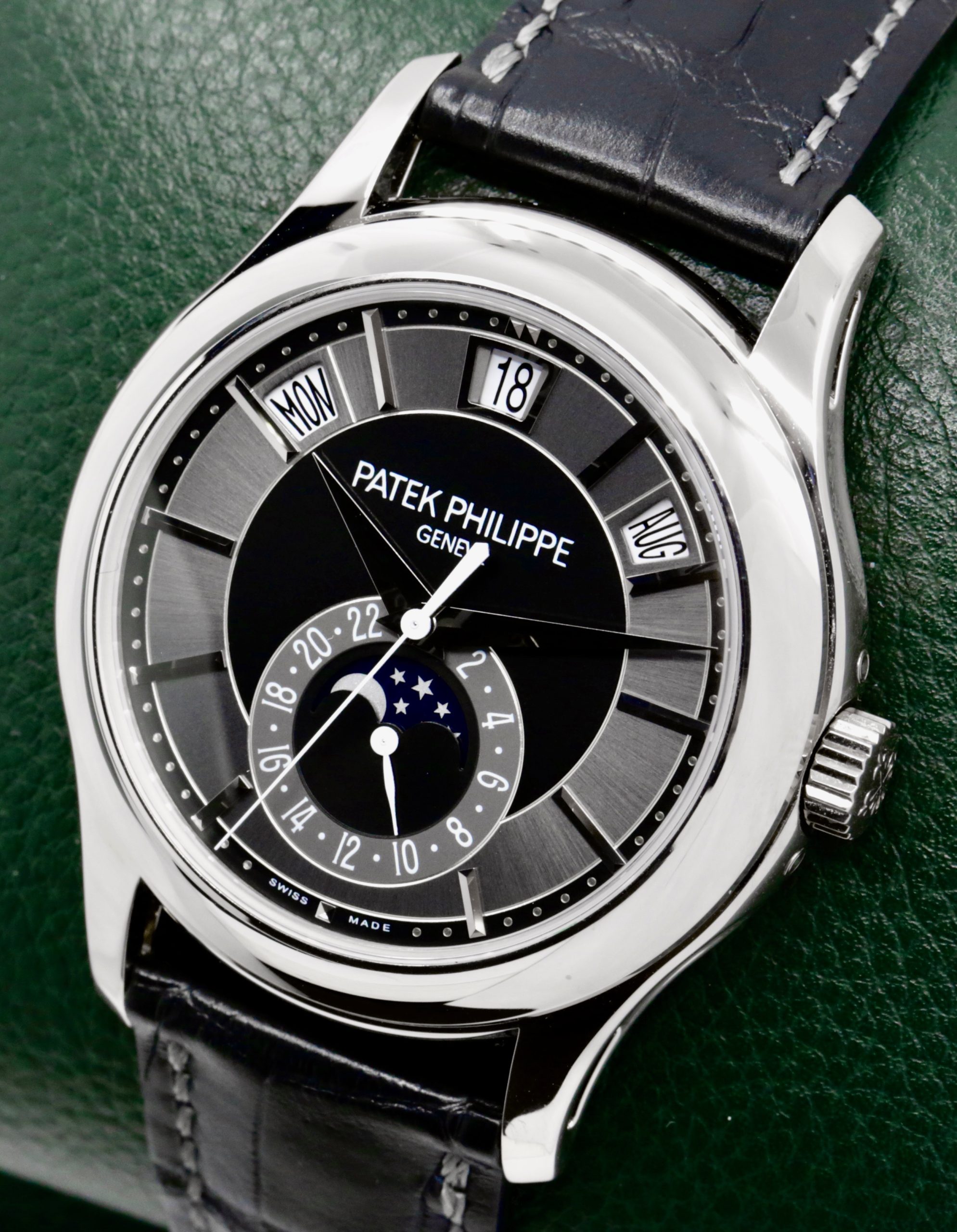 Patek Philippe Ref. 5205G-010 Annual Calendar, in 18ct White Gold, with Grey & Black Index Dial, Day, Date, Month, & Moon Phase Display, on Black Patek Philippe Alligator Strap with 18ct White Gold Patek Philippe Tang Buckle, Sold New in 2012, with Box & Papers - Image 4