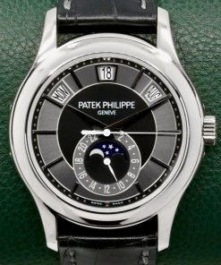 Patek Philippe Ref. 5205G-010 Annual Calendar, in 18ct White Gold, with Grey & Black Index Dial, Day, Date, Month, & Moon Phase Display, on Black Patek Philippe Alligator Strap with 18ct White Gold Patek Philippe Tang Buckle, Sold New in 2012, with Box & Papers