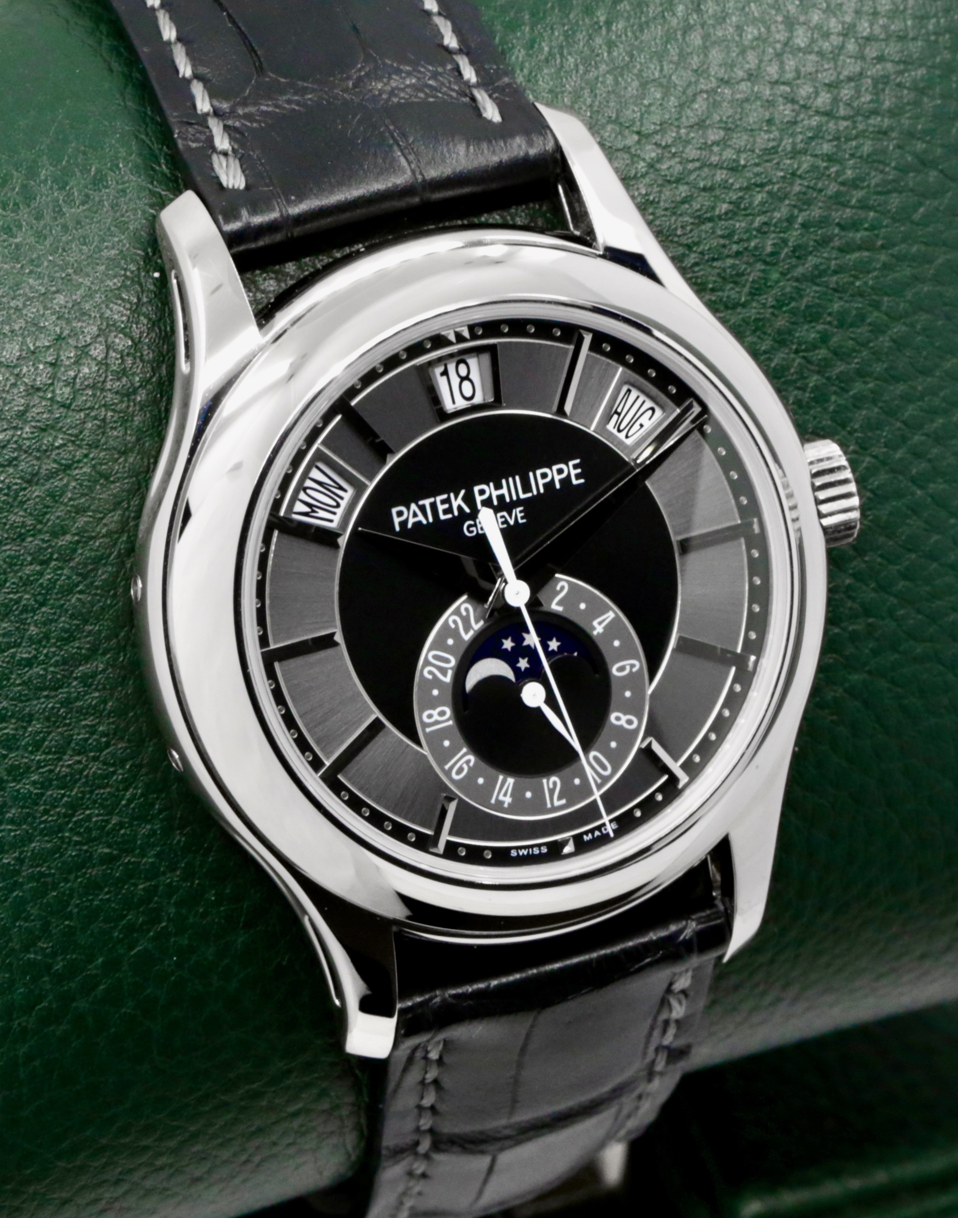 Patek Philippe Ref. 5205G-010 Annual Calendar, in 18ct White Gold, with Grey & Black Index Dial, Day, Date, Month, & Moon Phase Display, on Black Patek Philippe Alligator Strap with 18ct White Gold Patek Philippe Tang Buckle, Sold New in 2012, with Box & Papers - Image 3