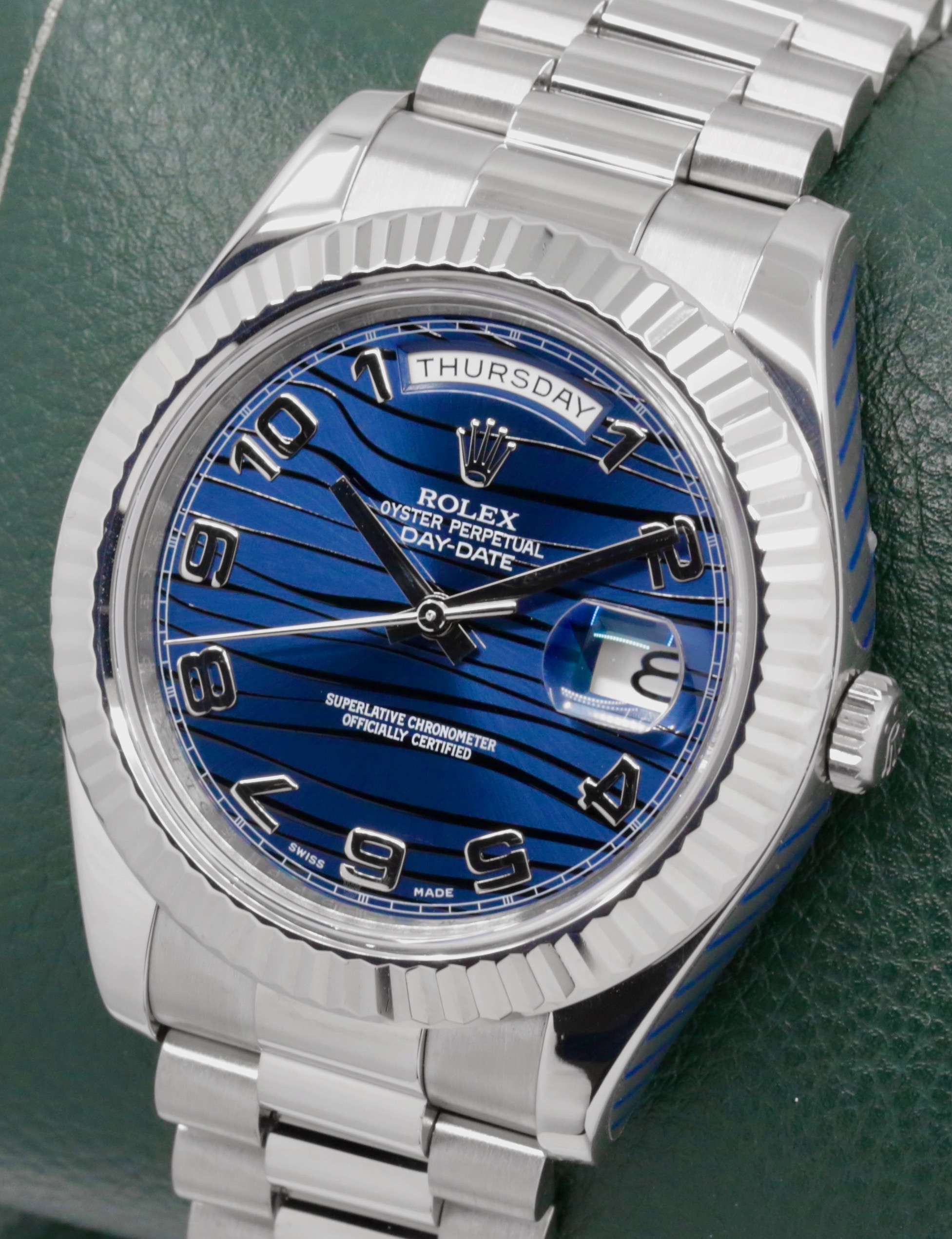 Rolex Day-Date II, 41mm 18ct White Gold Case, Fluted Bezel, with Blue Wave Dial with Concentric 18ct White Gold Arab Numerals, on 18ct White Gold Rolex President Bracelet, Ref. 218239, Circa: 2008, with Box, Books, Rolex Warranty Card & Balance of 2 Year Rolex Service Warranty - Image 2