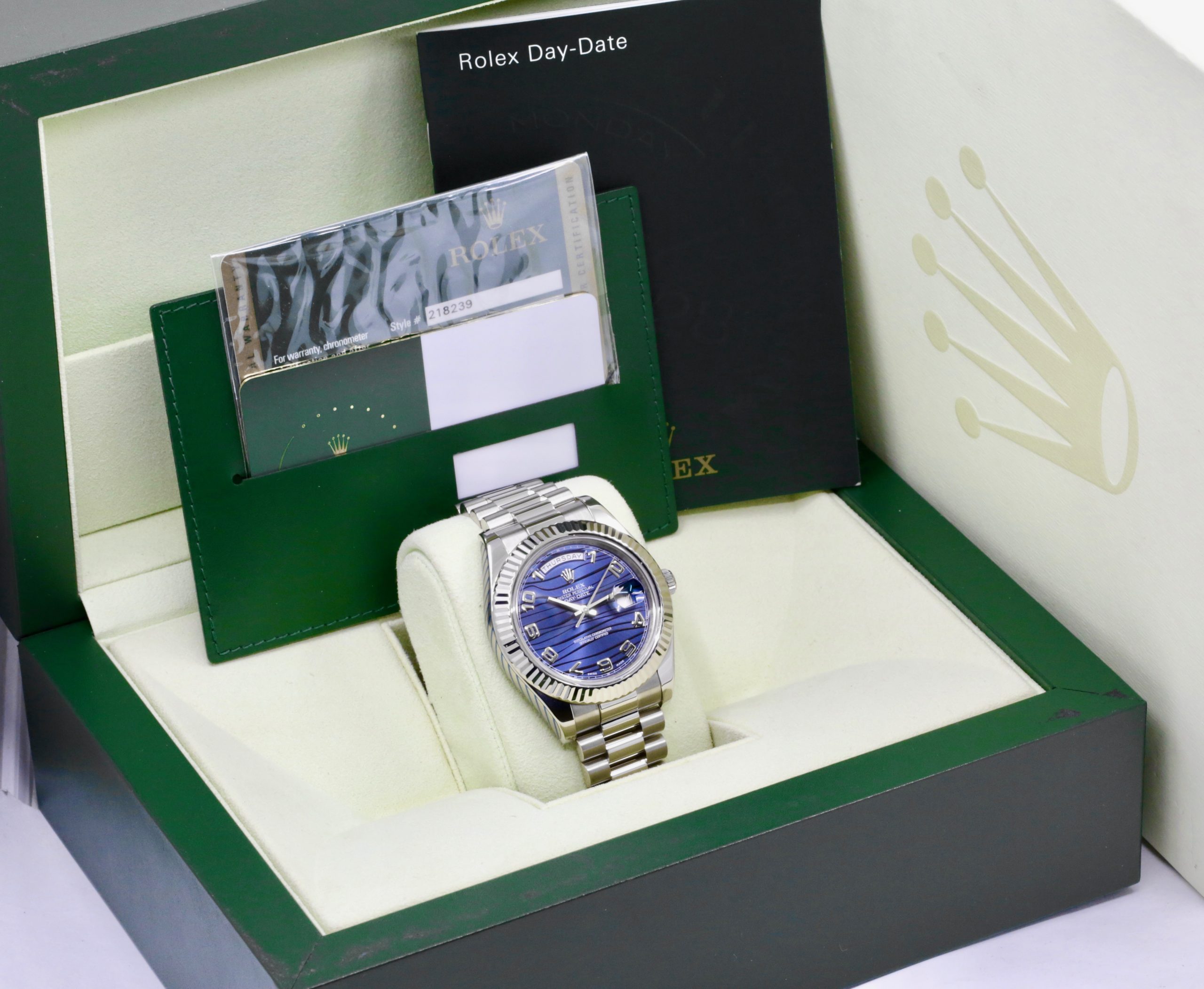 Rolex Day-Date II, 41mm 18ct White Gold Case, Fluted Bezel, with Blue Wave Dial with Concentric 18ct White Gold Arab Numerals, on 18ct White Gold Rolex President Bracelet, Ref. 218239, Circa: 2008, with Box, Books, Rolex Warranty Card & Balance of 2 Year Rolex Service Warranty - Image 7