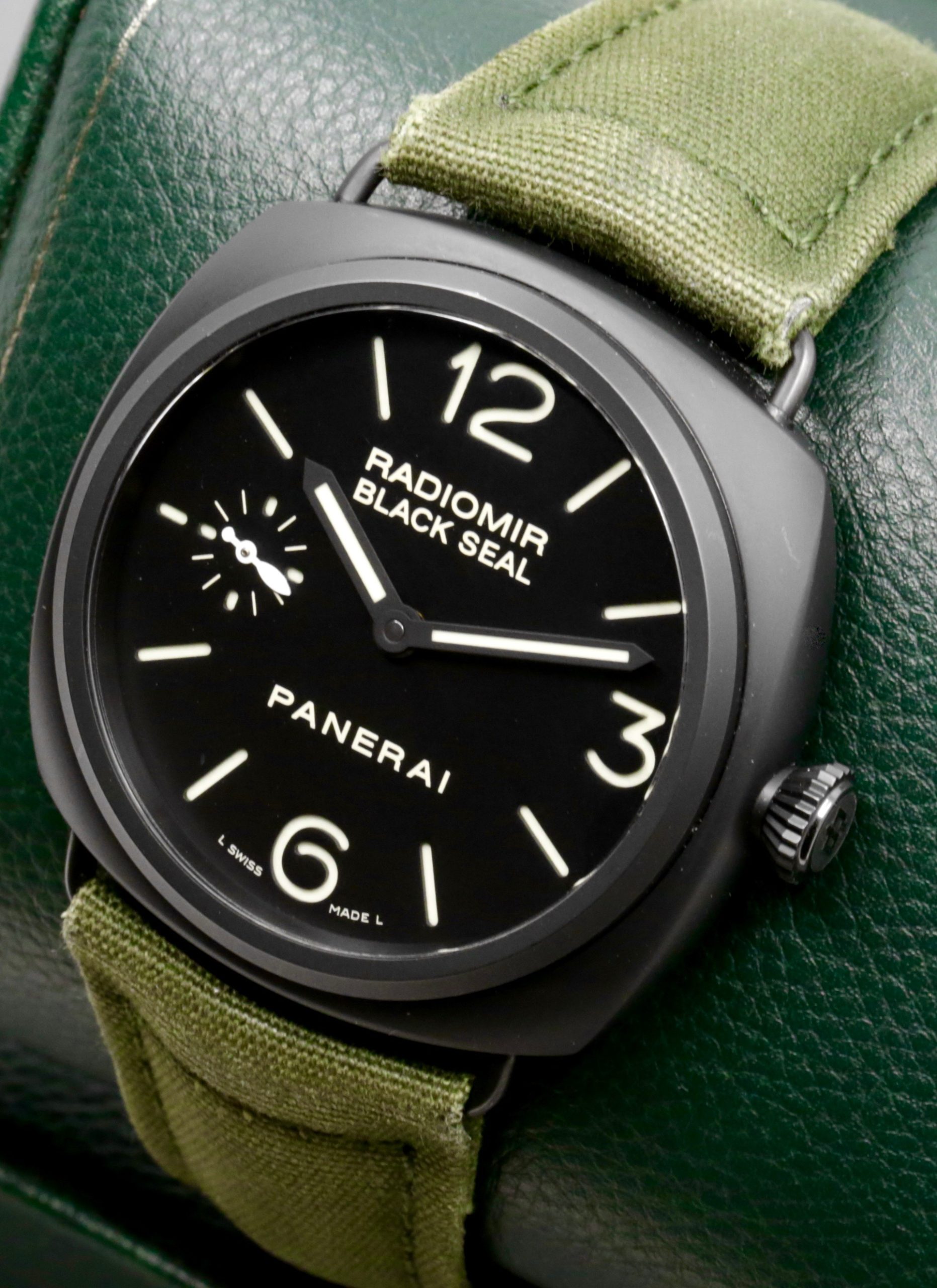 Panerai Radiomir Black Seal Ceramic, 45mm, Black Index & Arab Dial with Sub-Seconds, on Green Panerai Canvas Strap with PVD Coated Stainless Steel Panerai Tang Buckle, Ref. PAM00292, Circa: 2010, with Box & Papers - Image 2