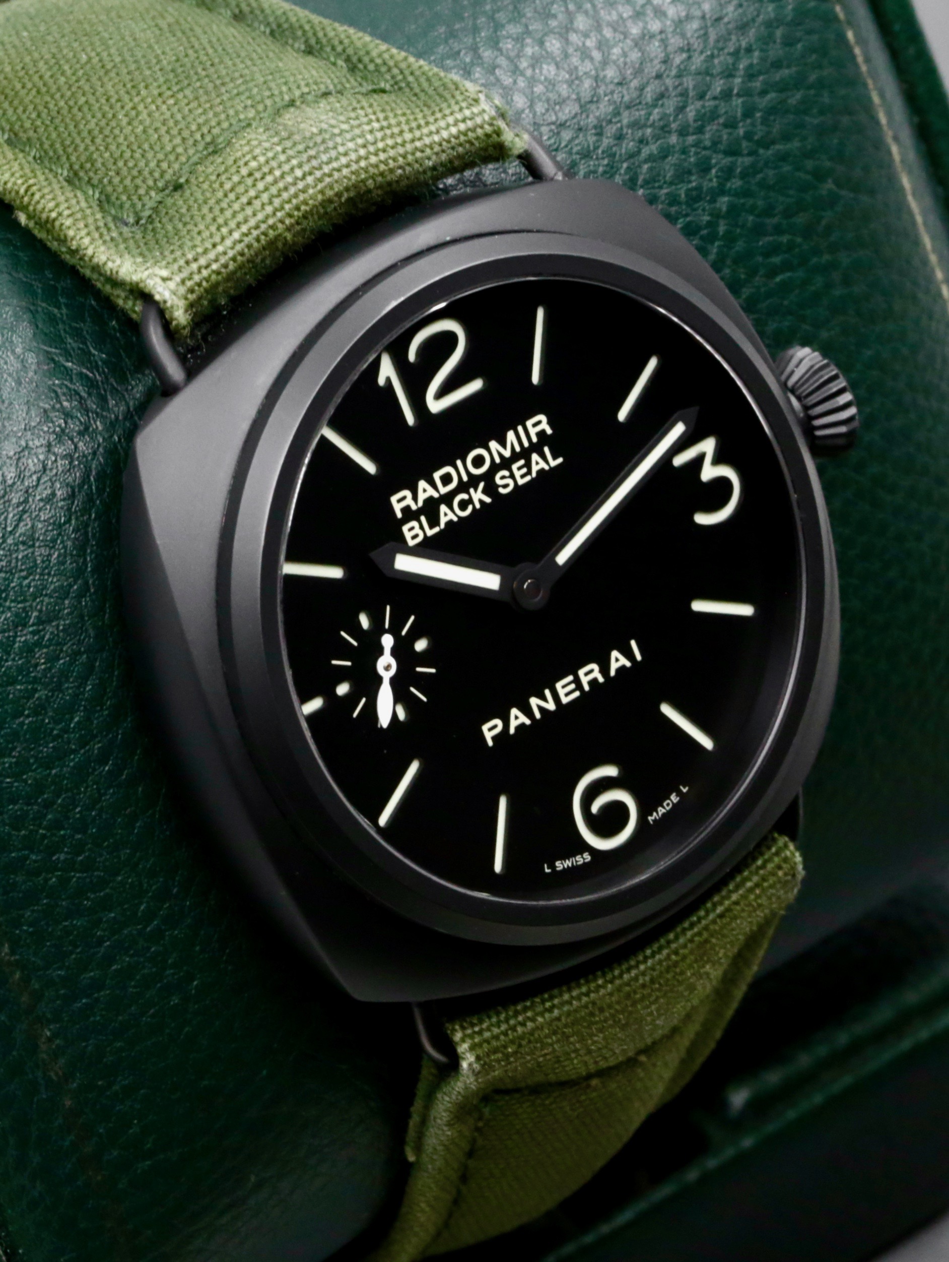 Panerai Radiomir Black Seal Ceramic, 45mm, Black Index & Arab Dial with Sub-Seconds, on Green Panerai Canvas Strap with PVD Coated Stainless Steel Panerai Tang Buckle, Ref. PAM00292, Circa: 2010, with Box & Papers - Image 3