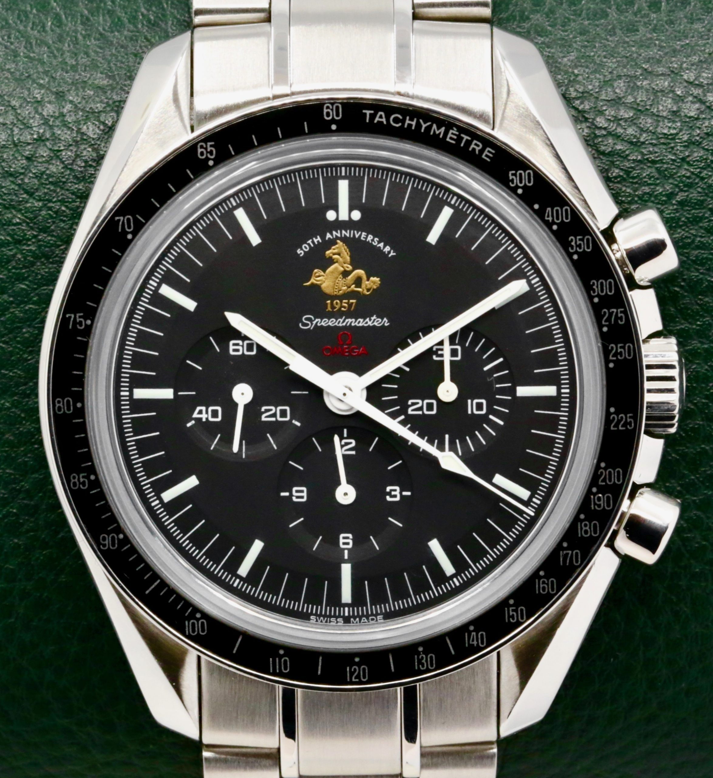Omega Speedmaster Moonwatch 50th Anniversary "Patch" Limited Edition, 42mm Stainless Steel Case, Black Index Dial, on Stainless Steel Omega Bracelet, Ref. 311.30.42.30.01.001, Circa: 2008, with Omega Box & Omega Warranty Cards