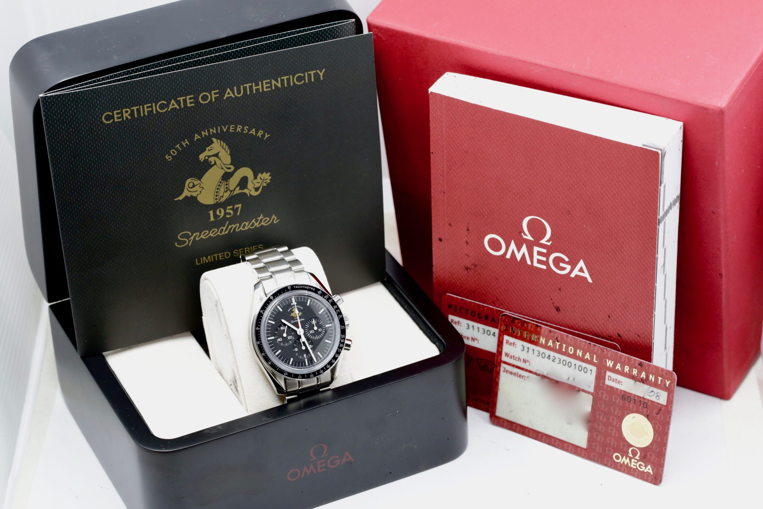 Omega Speedmaster Moonwatch 50th Anniversary "Patch" Limited Edition, 42mm Stainless Steel Case, Black Index Dial, on Stainless Steel Omega Bracelet, Ref. 311.30.42.30.01.001, Circa: 2008, with Omega Box & Omega Warranty Cards - Image 11